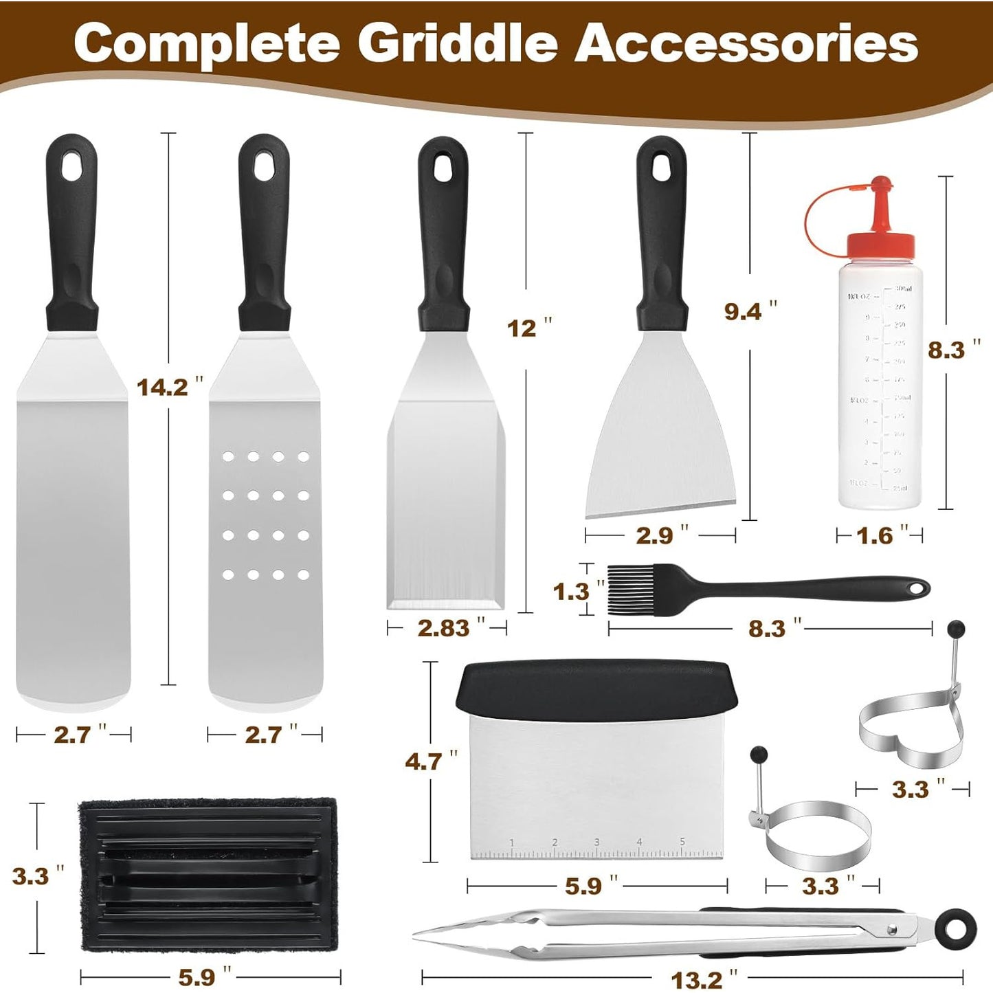 14 count Griddle Accessories Kit, Flat Grill Accessories Set for Blackstone and Camp Chef, Grill Spatula Set with Enlarged Spatulas, Scraper for Outdoor Barbecue