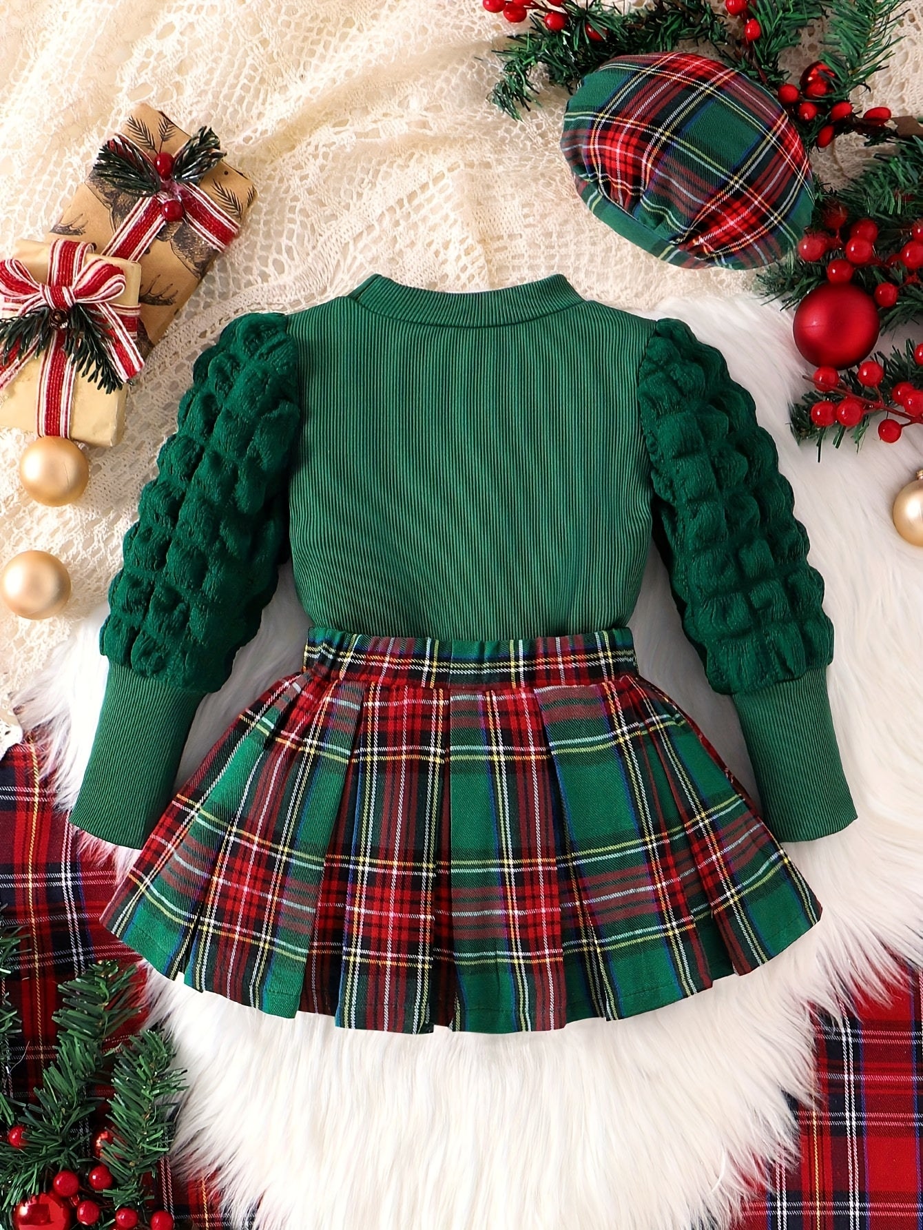 3pcs Baby Girl Scottish Tartan Outfit Set - Plaid Skirt & Bow Dress with Matching Hat, Elastic Waist Umbrella Skirt & Bubble Sleeve Blouse for 0-24 Months (Christmas, to) - Hand Washable, Perfect for Outdoor