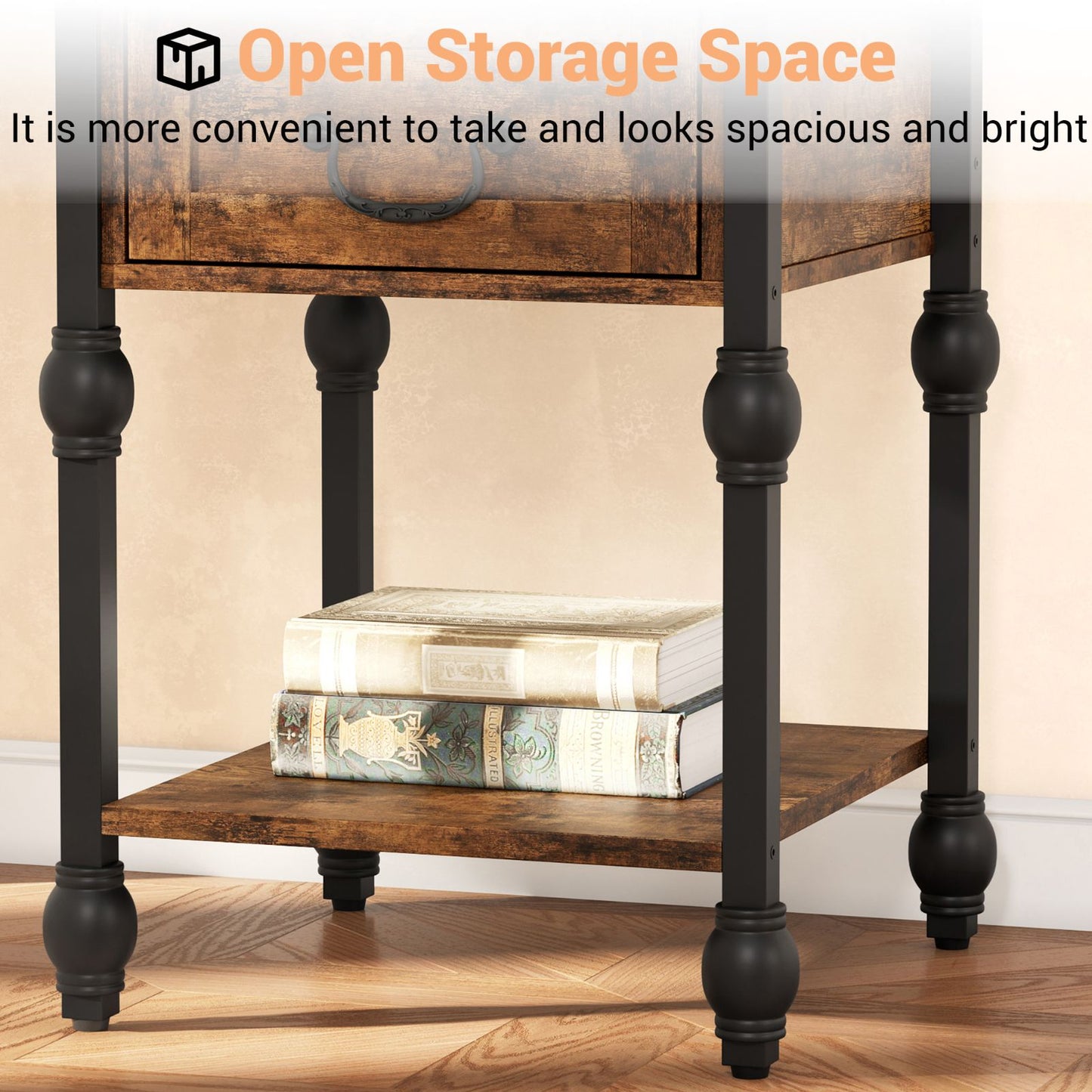 Industrial Style End Table in Brown, 2-Tier with Drawer for Bedroom, Living Room, and Compact Spaces
