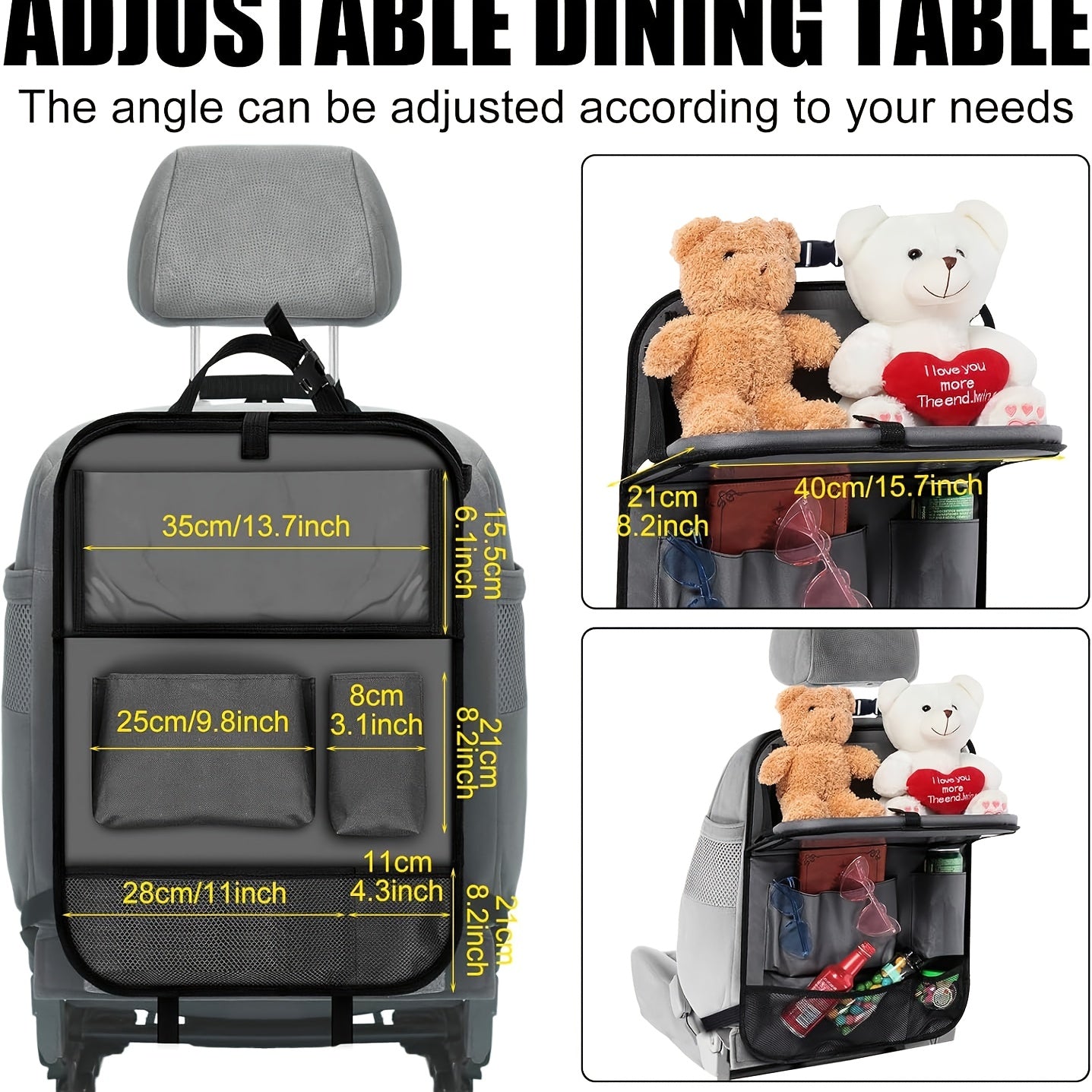 2-Count Backseat Car Organizer with Table Tray & Tablet Holder - 6 Storage Pockets, Kick Mats Protectors, Durable Faux Leather, Classic & Grey, Unisex Travel Accessories for Family Vehicles, Vehicle Organization, Sleek Design