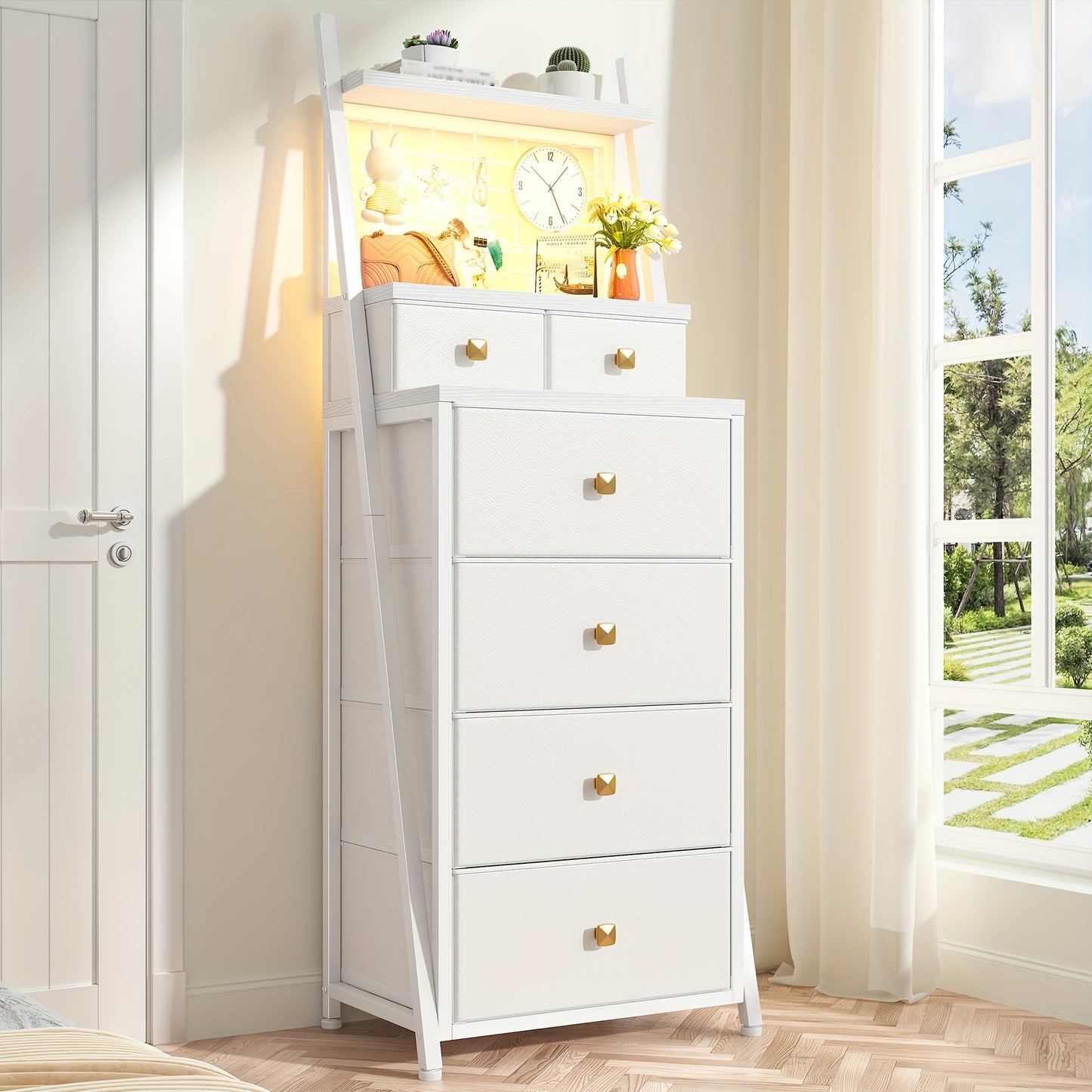 Modern White Vertical Dresser with LED Lighting - 6-Drawer Storage Cabinet with Open Shelf, Sturdy Softwood Construction, 27"+ Height, 3.2+ Cu Ft Capacity, Plug-in Power & Easy Assembly for Bedroom, Living Room, Dorm - Space-