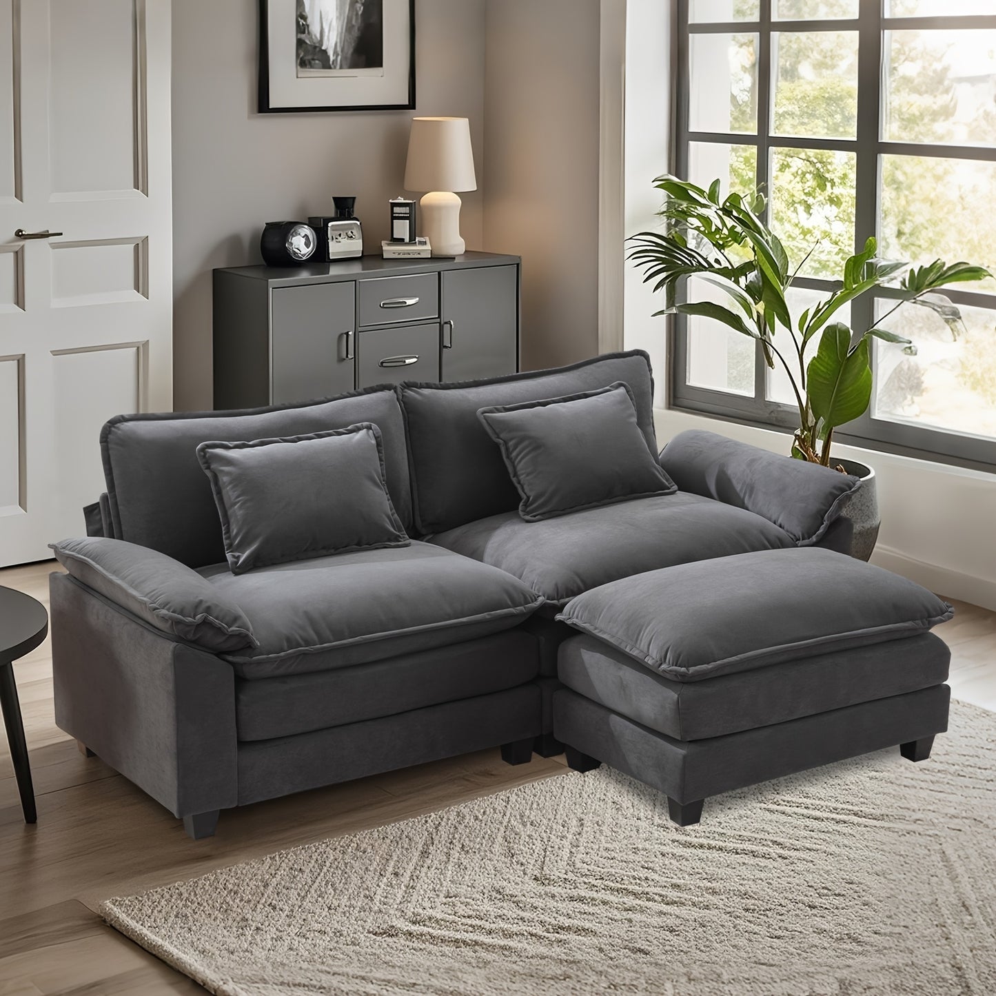 86'' Sectional Sofa, Modular Loveseat Sofa with Ottoman, Chenille Cloud Couch, Upholstered Deep Seat Sofa for Living Room, Apartment