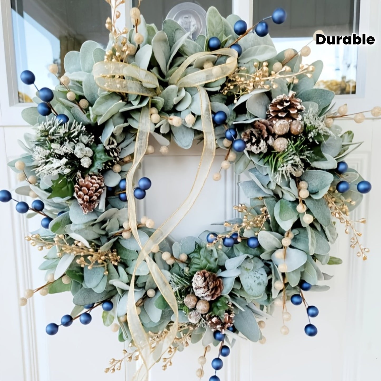 16-Inch Blue Eucalyptus Wreath with Golden Sheep Ears & Pine Cones - Elegant Front Door Decoration, Durable Plastic Faux Foliage for Year-Round Use, Christmas, Halloween, Housewarming Gift - Easy to Hang, No Maintenance Requi