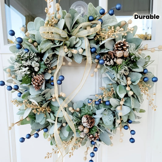 16-Inch Blue Eucalyptus Wreath with Golden Sheep Ears & Pine Cones - Elegant Front Door Decoration, Durable Plastic Faux Foliage for Year-Round Use, Christmas, Halloween, Housewarming Gift - Easy to Hang, No Maintenance Requi
