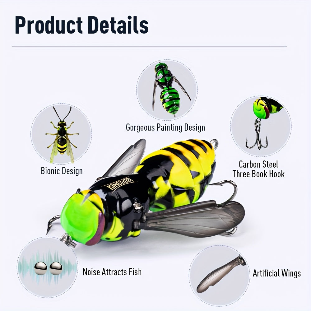 4pcs KINGDOM Floating Fishing Lures - Heavy-Duty ABS Hard Bass Bugs with Treble Hooks, Floating Fishing Baits in Orange/Black, Pink/Black, Yellow-Green/Purple - for Bass, Trout, Freshwater & Saltwater - Ideal for Beginners &