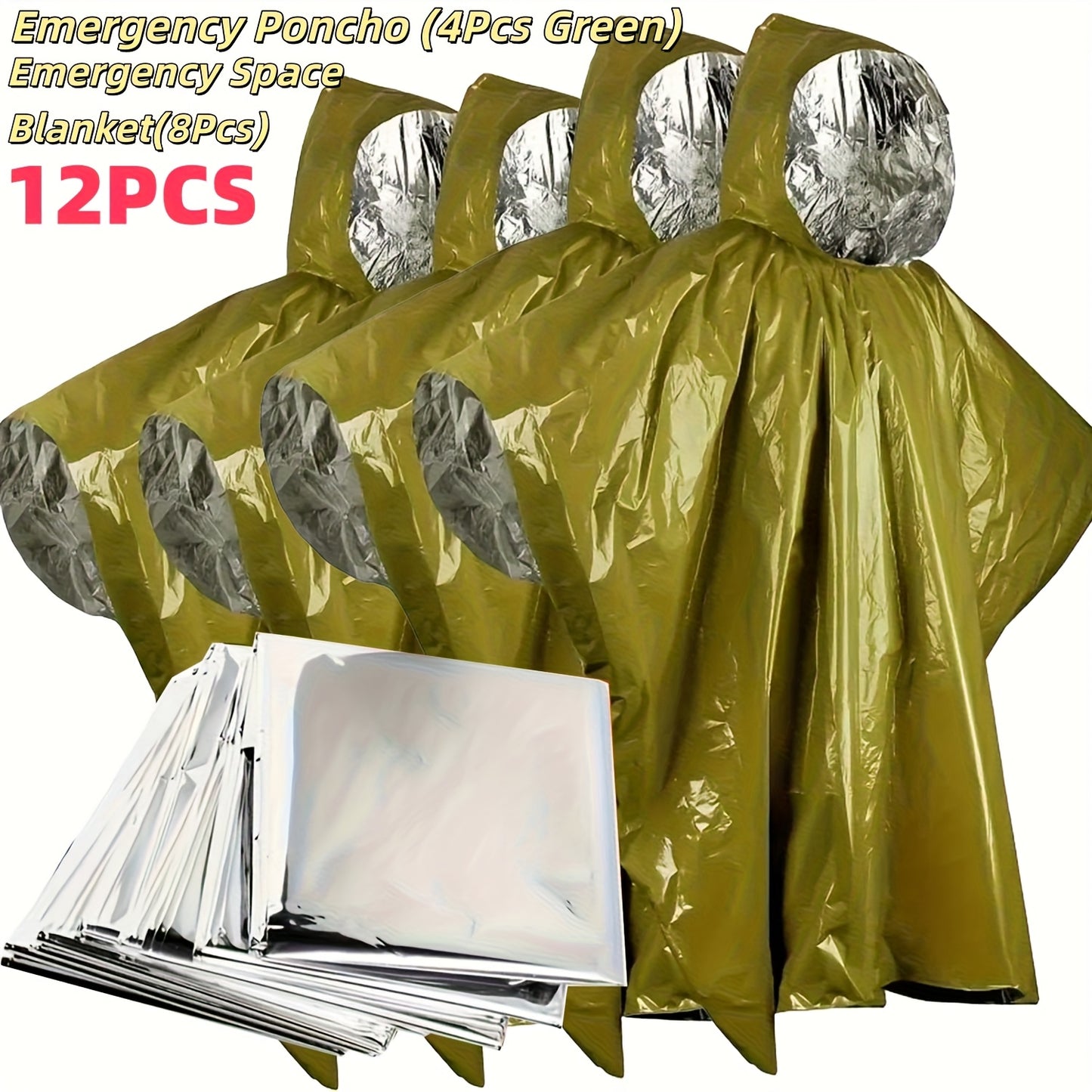 8/12pcs Survival Gear Kit, Emergency Poncho, Space Blanket, Retains 92% Body Heat, For Outdoors, Hiking, Camping, Bug Out Bag, Marathons, Car, Backpack Rain Cover, Bug Out Bag Gifts For Men Women