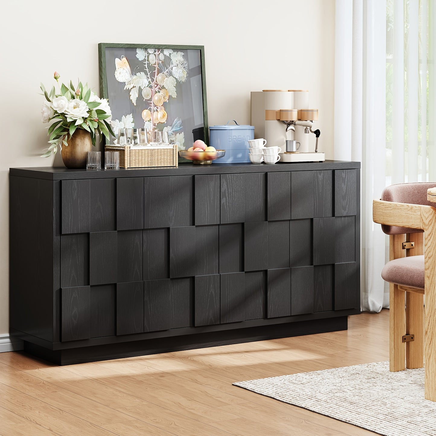 60" Mid-Century Modern Farmhouse Buffet Cabinet - Stylish & Functional Storage Credenza with Coffee Bar Station, Adjustable Shelving & Artisan-Crafted Asymmetric Design for Living Room Kitchen Entryway, Black