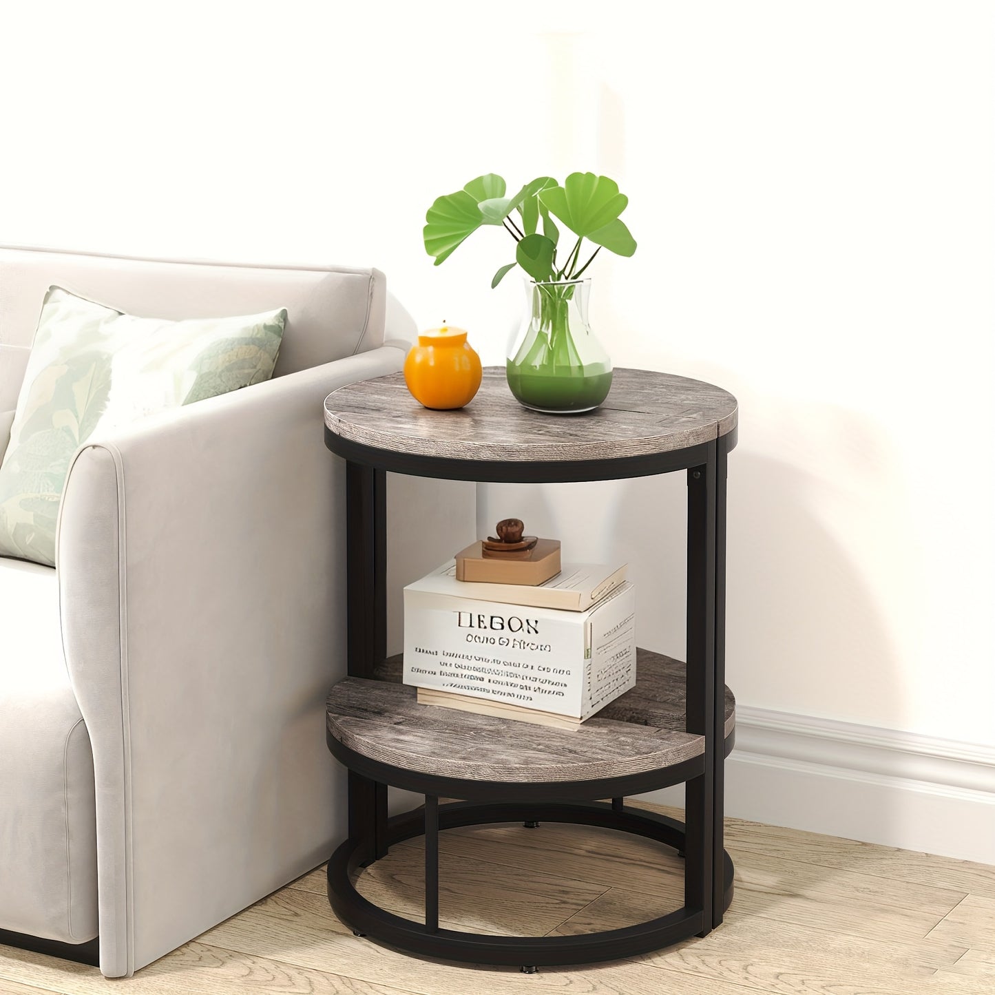 2-Tier End Table Semi Circle, Small Half Round Side Table with Storage Shelf, Wood Accent Table Slim C Table for Sofa Couch, Living Room, Bedroom, Small Space, Easy Assembly