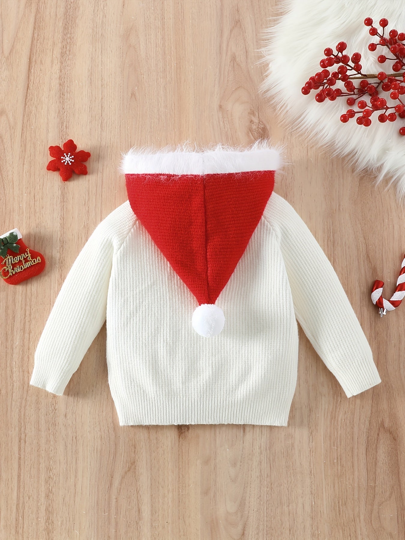 Girls' Christmas-Themed Knit Cardigan with Red Santa Hat & Festive Embroidery - Long Sleeve, White with Holiday Decorations, Perfect for Fall/Winter, Christmas Clothes for Girls