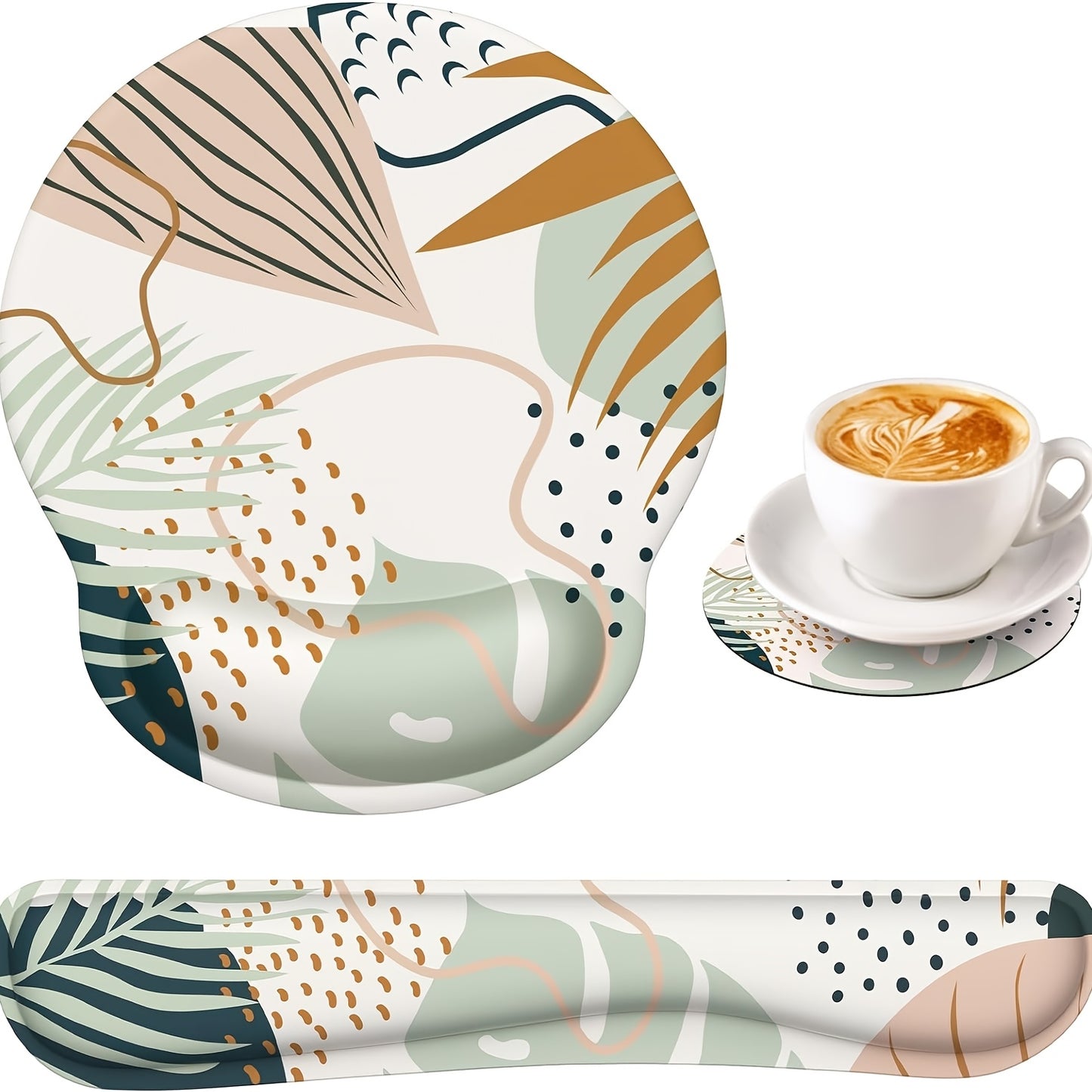 Wrist Support Desk Set - Non-Slip Mouse Pad & Keyboard Rest with Green Palm Leaf Design in Beige/Green/White/Golden - Soft Typing Mat & Coasters for Home Office, Computer, Laptop - Posture-Correct Writing Accessory