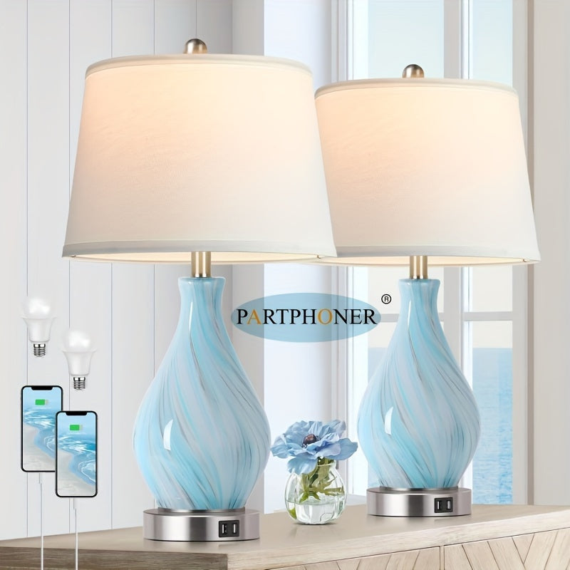 Table Lamp Set Of 2 Touch Control, 22" Faded Swirl Blue Gray Art Glass With USB Ports