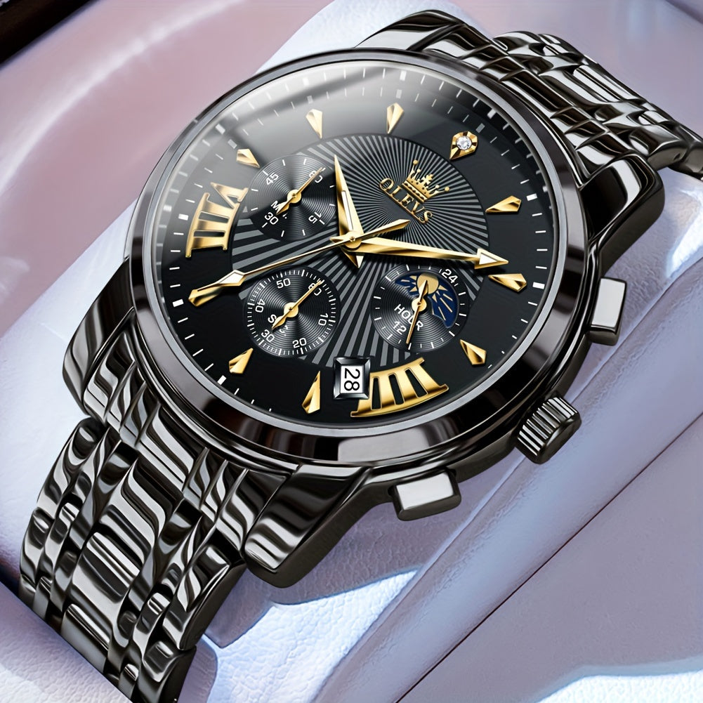OLEVS Watch for Men Chronograph Stainless Steel Case Analog Quartz Fashion Business Dress Large Face Men Watch Day Date Luminous Casual Male Wrist Watch, Office Accessory, Casual Attire, Classic Design, Elegant Timepiece, Hig