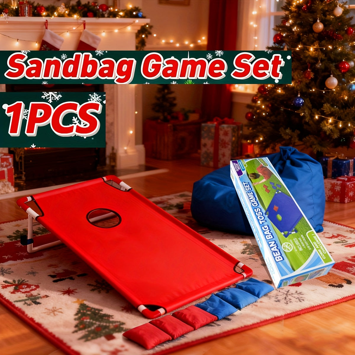 A Foldable And Sturdy Red And Blue Corn Hole Game Set, Perfect for Outdoor Gatherings, Camping Trips, And Backyard Fun. It Includes 6 Bean Bags And Does Not Need Batteries, Making It Ideal for Christmas And Halloween Celebrat