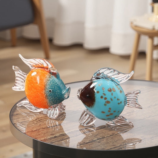 1pc Hand-Blown Glass Fish Statue - Vibrant Tropical Marine Sculpture with Orange & Blue Swirls, Realistic Fish Design for Home Decor, Aquarium, Beach, or Office Decoration, Fish Decor, Coastal Home Accent, Tropical Design, Ha