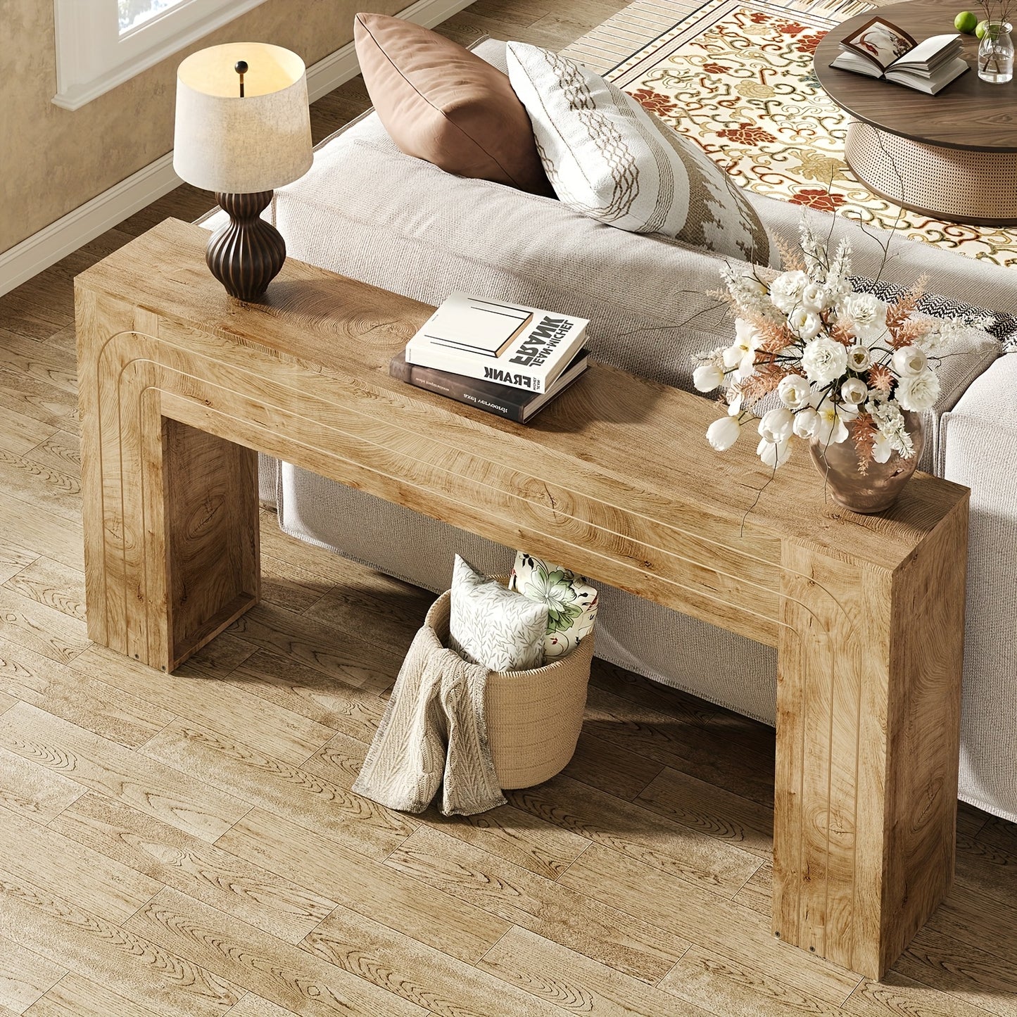 70.9" Modern Farmhouse Console Table Narrow Entryway Table with Handcrafted Line Design - Wood Grain MDF/ Sofa Table Suitable for Hallway, Living Room, Behind Couch - Space-Saving Assembly-Friendly Furniture
