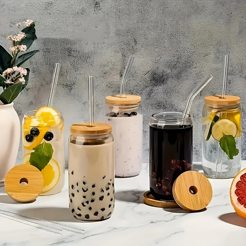 4/6pcs, Glass Cup, 18.7oz/550ml Glass with Lid And Straw, Mason Jar Water Cup, Iced Coffee Cup, Glass Cup with Lid