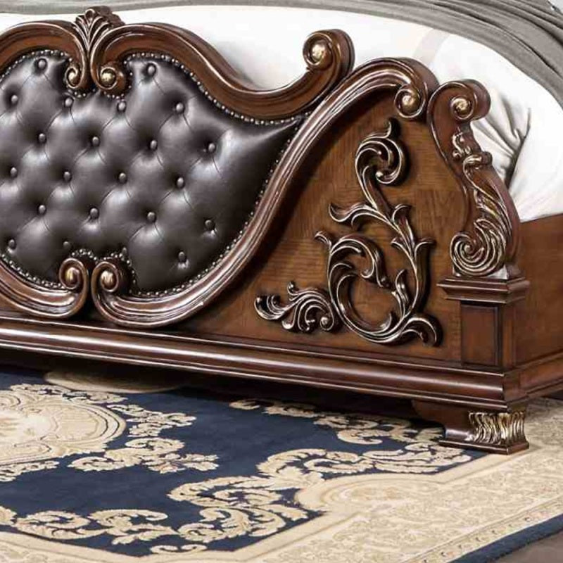 Luxurious Brown Cherry Traditional Queen Size Bed Tufted Leatherette HB FB 1pc Bed Bedroom Furniture Wooden