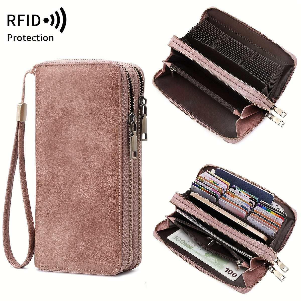 Retro Leopard Print Women'S Double Zipper Multi-Slot Large-Capacity Wallet, Fashion Handbag, Lining, RFID Blocking, Multi-Function Credit Card Clip, Women'S Clutch Bag with Wristband, Birthday Gift, Valentine'S Day Gift