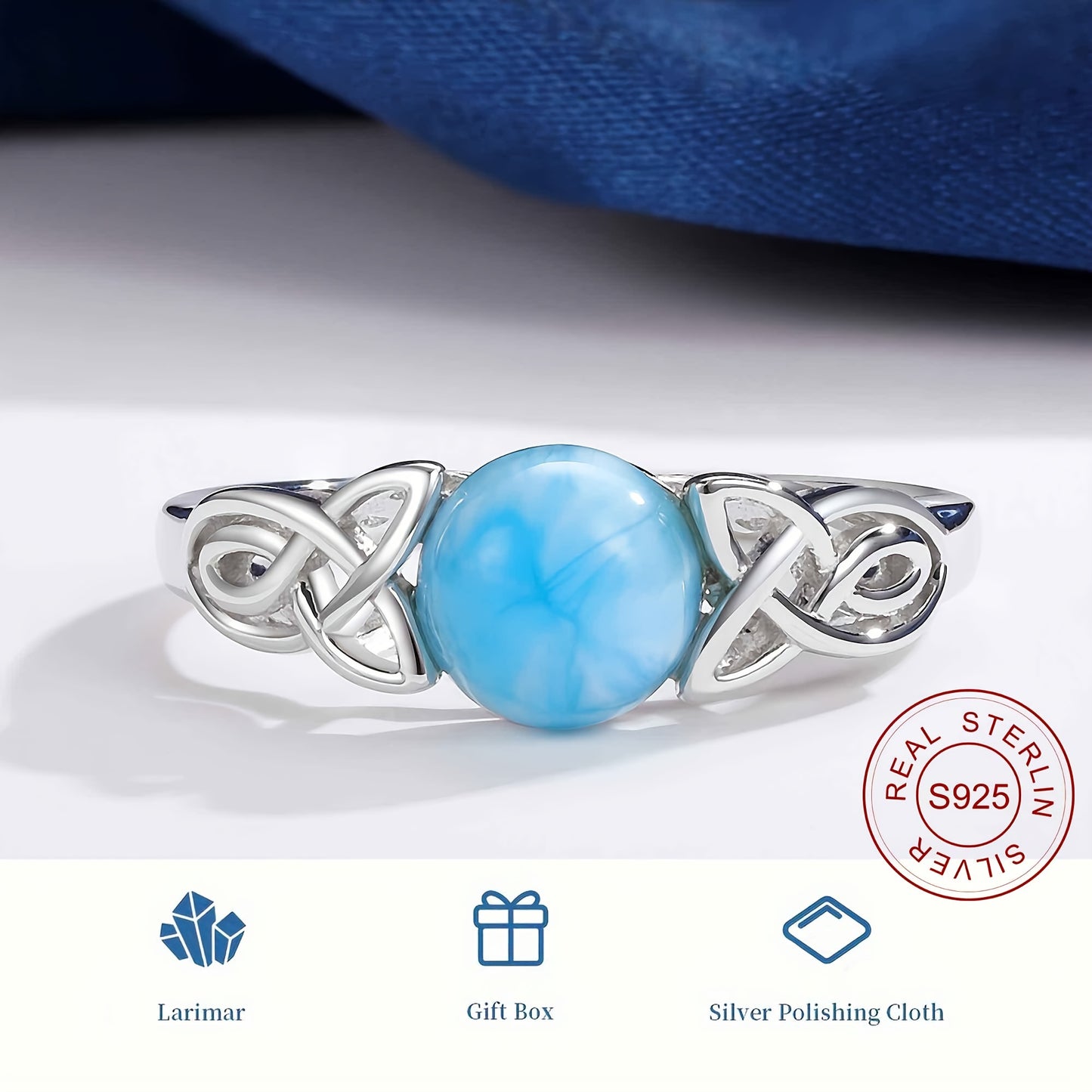 7mm Round Larimar Rings for Women Men, 925 Sterling Sliver Celtic Knot Rings Band Blue Faux Jewelry Gifts Wedding Engagement Luxury #5/6/7/8/9/10, Wedding Ring Set, Engagement Ring, Holiday Gift, Stylish Accessory, Elegant Je