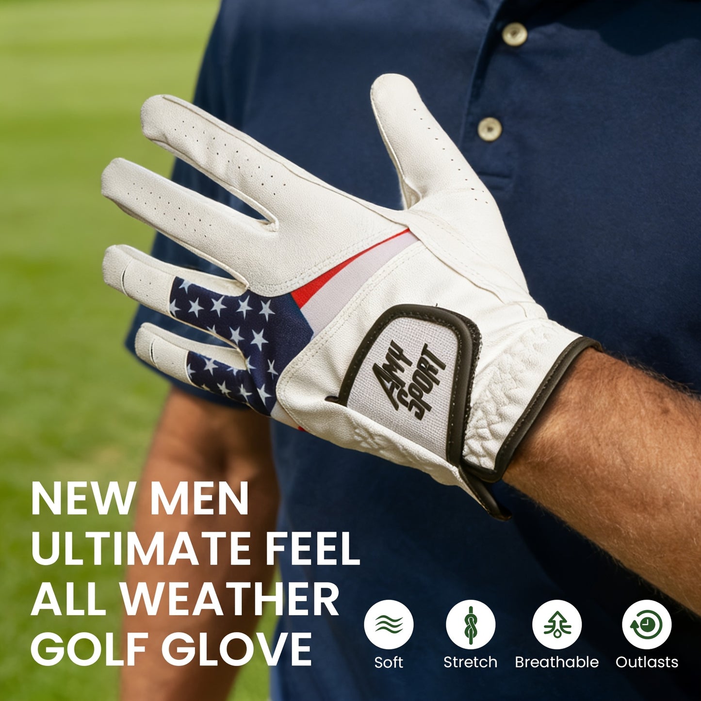 GKANDI Breathable Men's Golf Gloves Value 3 Pack for Left Hand, Stylish USA Flag Pattern with All Weather Grip for Reliable Swing Control, Fits A Range Of Sizes From S to XL