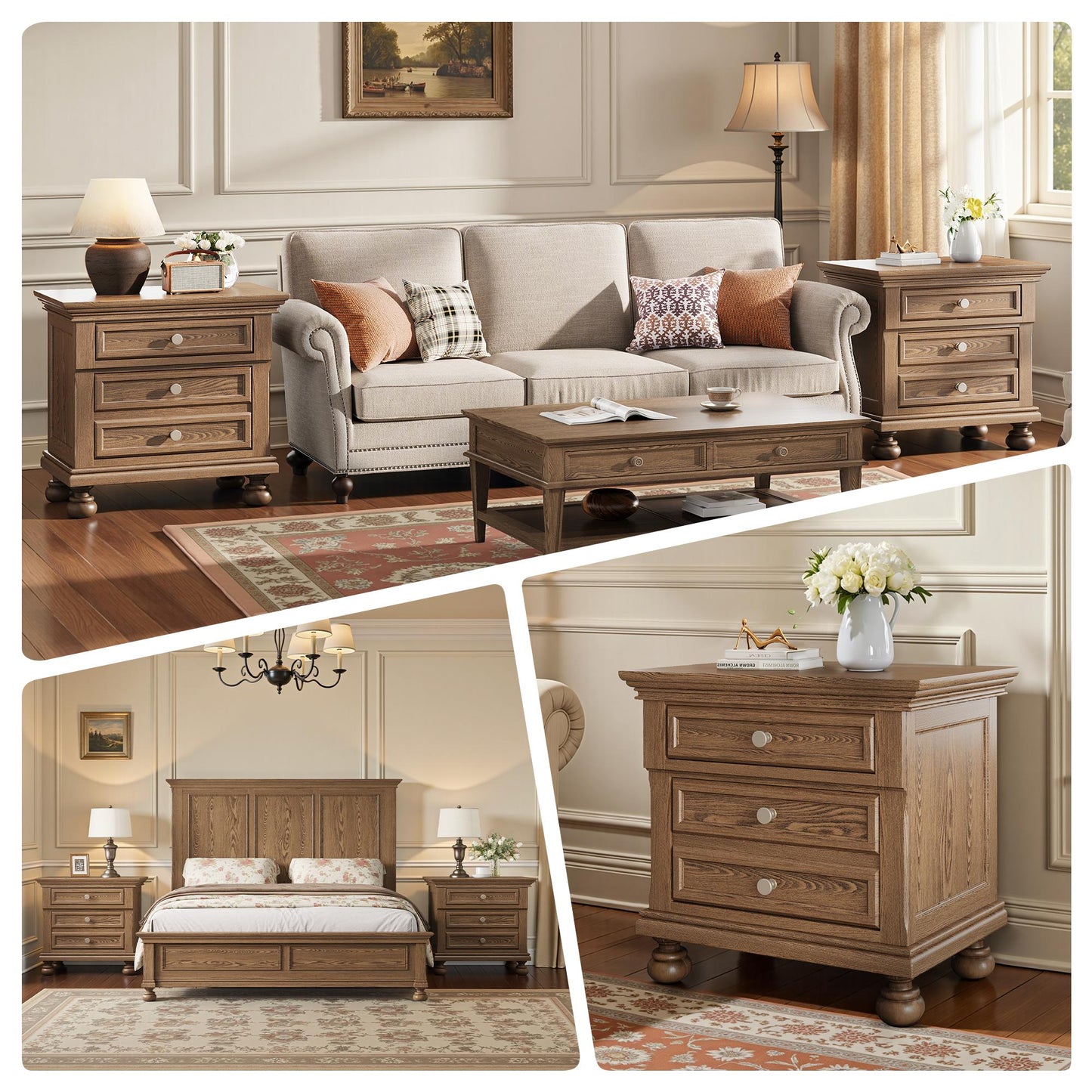 Fully Assembled Solid Wood & MDF Nightstand with 2-Drawer Bedside Cabinet - Extra Large Traditional End Table, Wood Bedside Table, Easy Assembly for Bedroom Storage (Space-Saving Design under 27")