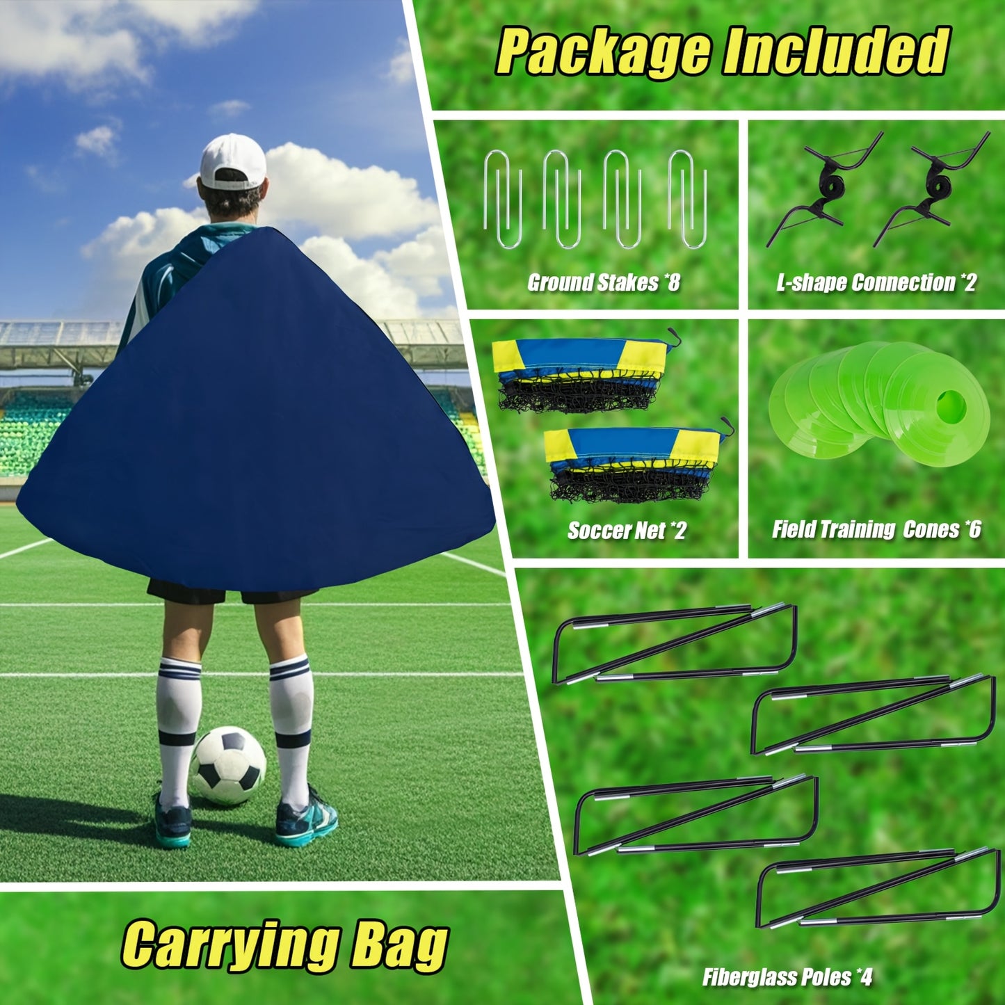 2 Soccer Goals 4'x 3'-Yellow/Orange/Black, Portable Soccer Goals for Backyard Or Indoor Pop Up Soccer Nets with 6 Training Cones, Carrying Bag, 8 Ground Stakes