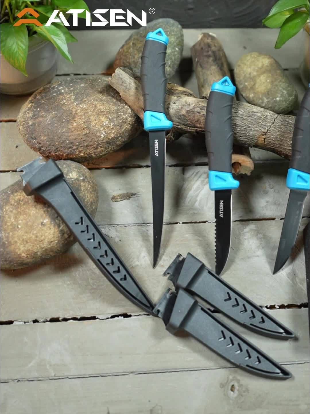 ATISEN 8pcs Fish Horn Knife Set, Fishing Set, Filleting Knife, Cutting Gloves, Cleaning Sponge, Fishing Line Cutter with Stretching Cord Loss Prevention, Wilderness Survival Knife, Outdoor Camping Supplies, Suitable Gifts for