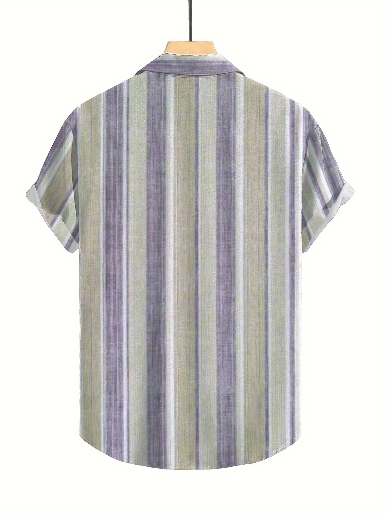 Men's Casual Short Sleeve Shirt with Full-Body Digital Print - Striped Design, Regular Fit, Button Front, All-Season Versatile Top for Casual Outings
