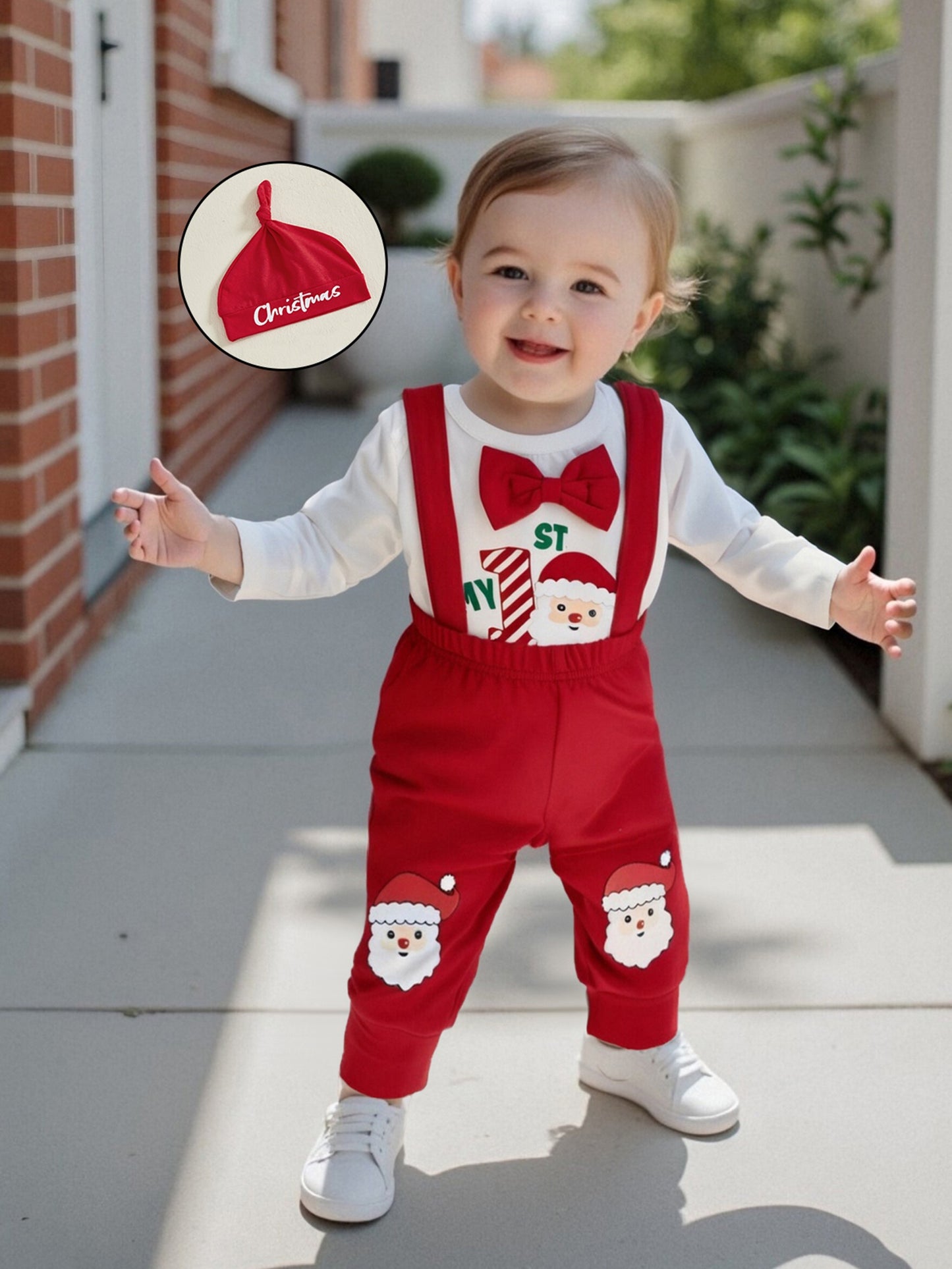 Newborn Baby Boy Fall Winter Christmas Letter Long Sleeve Round Neck Romper Elastic Waist Overall Pants with Hat Outfits, Perfect for Outdoor