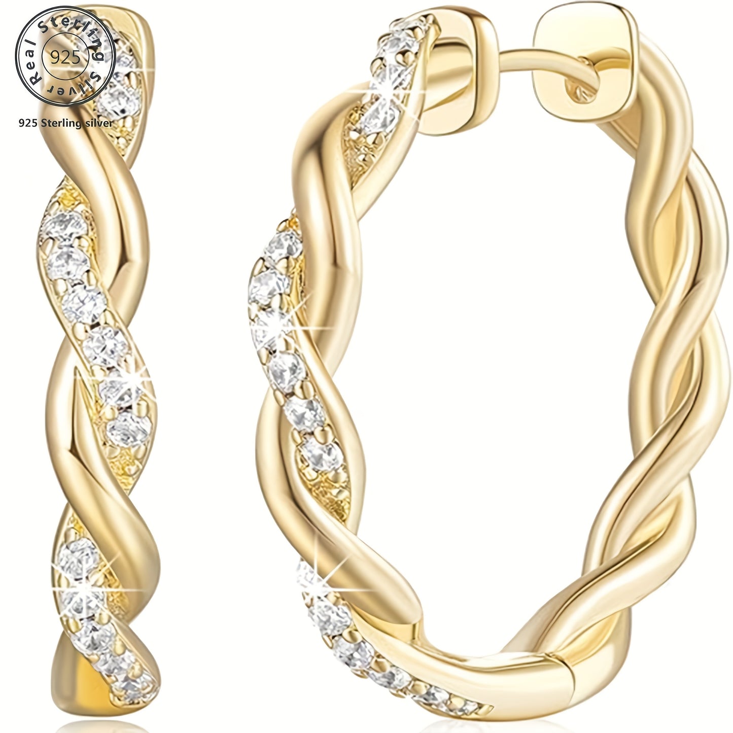 925 Silver Moissanite Golden Twisted Hoop Earrings, Women'S Moissanite Earrings, Elegant Women'S Jewelry, Designer High-Quality Product, Sexy and Charming, Sparkling Wedding/Banquet, Anniversary Gift for Women, Local Warehous