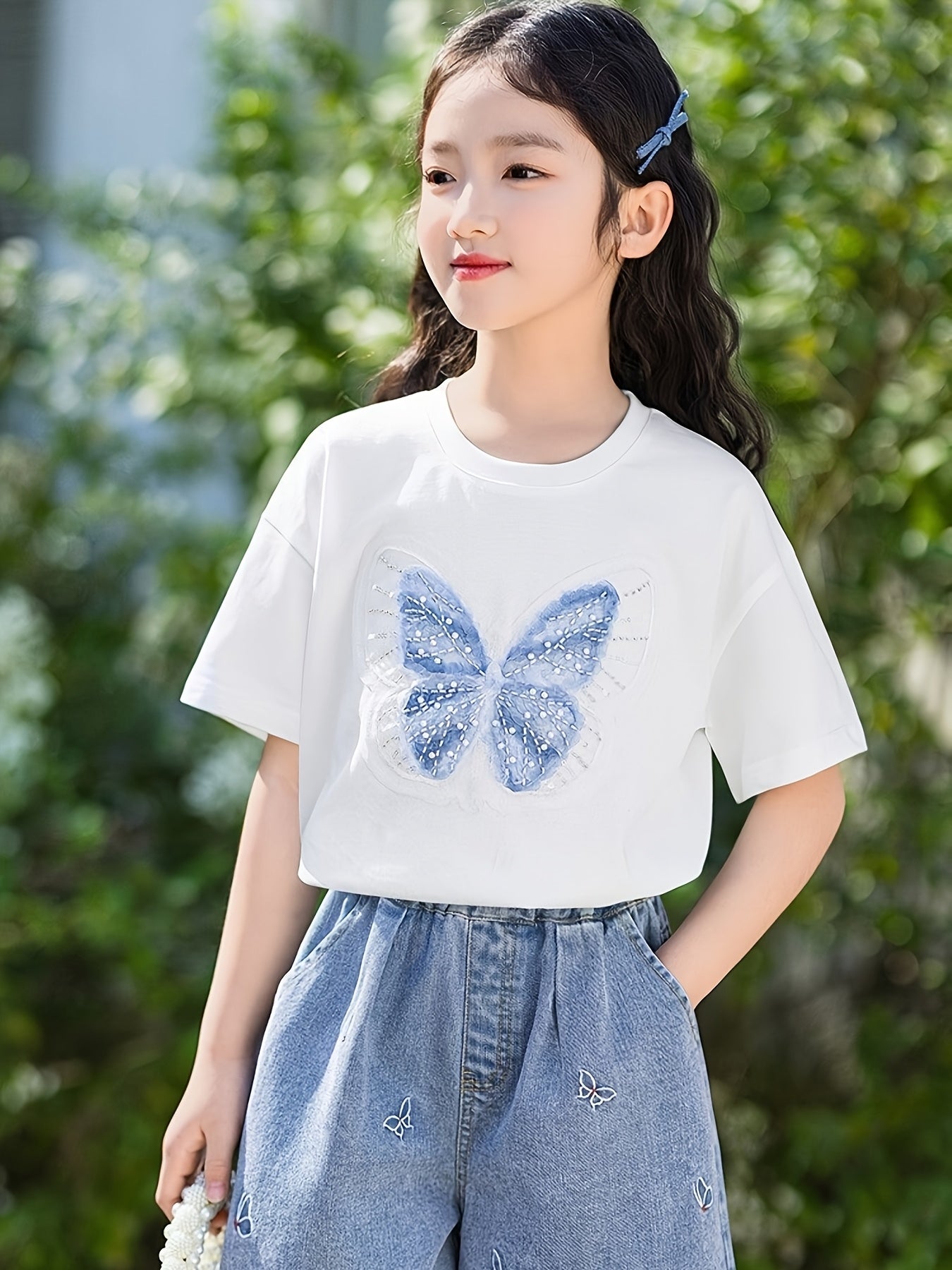 Girls' Blue Denim Shorts with Butterfly Embroidery - No-Iron Short-Cut Capri Length, Elastic Waist & Belt-Free Design - Soft Breathable ' Jeans for Summer Play, Casual Outfits ( to Teen) - Durable Everyday Shorts, Shorts For