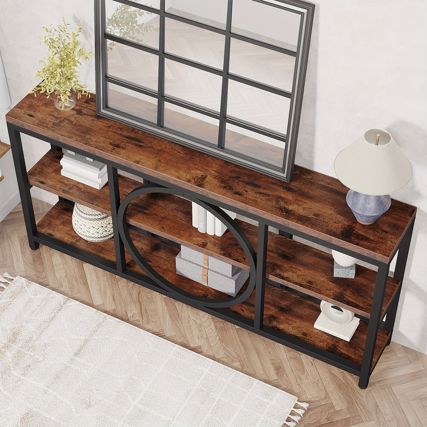 LITTLE TREE 70.9 inch Sofa Console Table, Extra Long Narrow Entryway Tables with 3 Tier Wood Storage Shelves Metal Frame for Foyer Hallway Living Room Behind Couch