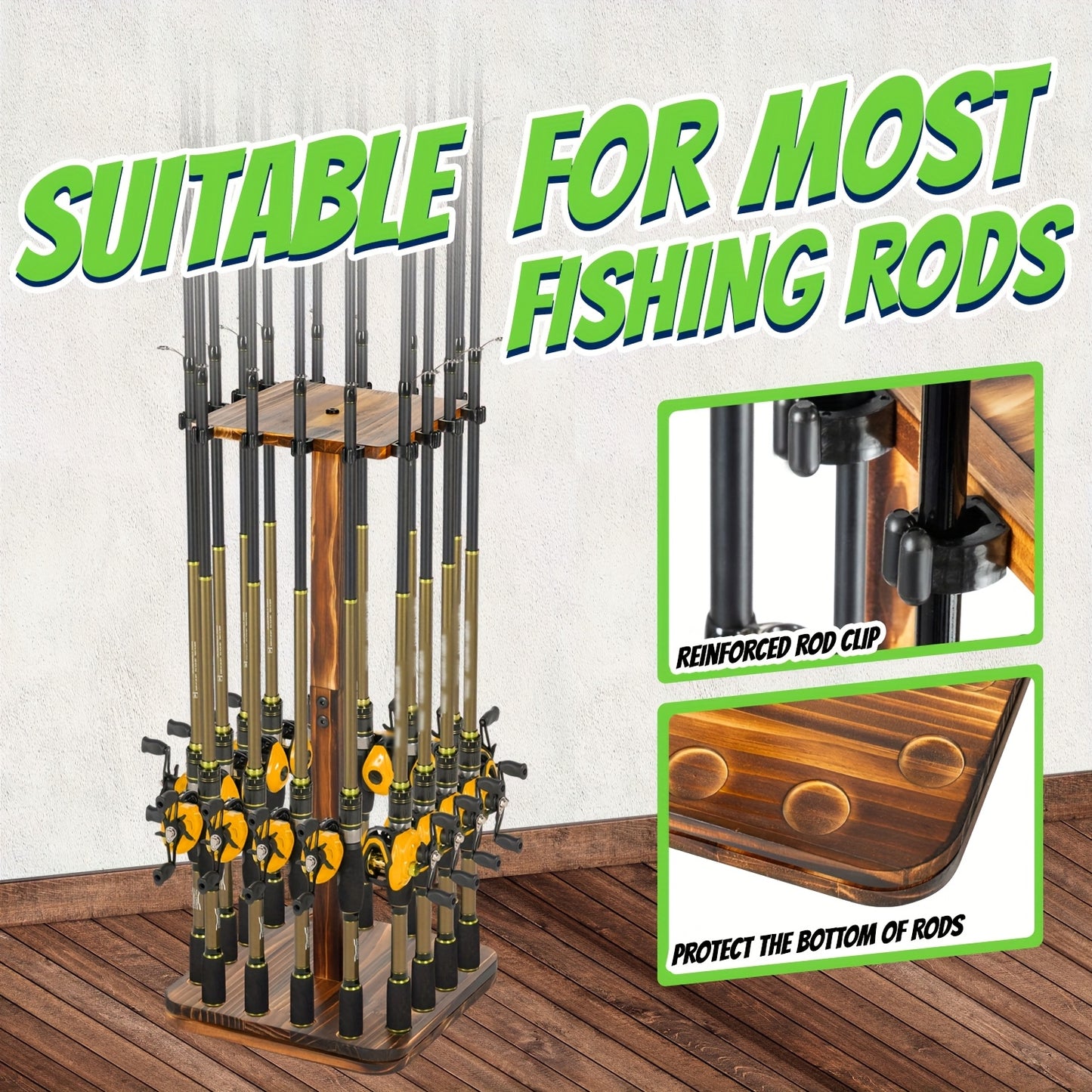 ATRURAL NEW Style 360° Rotating Wooden Rod Rack Fits 16 Fishing Poles | Garage Space-Saving Fishing Organizer Gifts for Men And Women