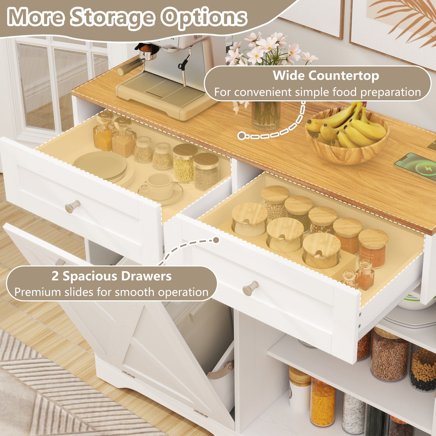 COSTWAY Tilt Out Trash Bin Cabinet, Kitchen Island with Outlet, 2 Drawers, Adjustable Shelf & Barn Door, Pantry Storage Cabinet, Pet-Proof Garbage Can for Dining Room & Laundry Room