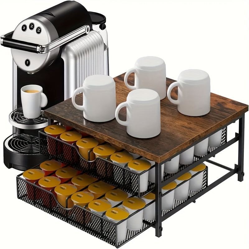 Coffee racks，Black Wood and Iron K-Cup Holder with Double Storage Drawers, Coffee Station Organizer for Capsule Boxes