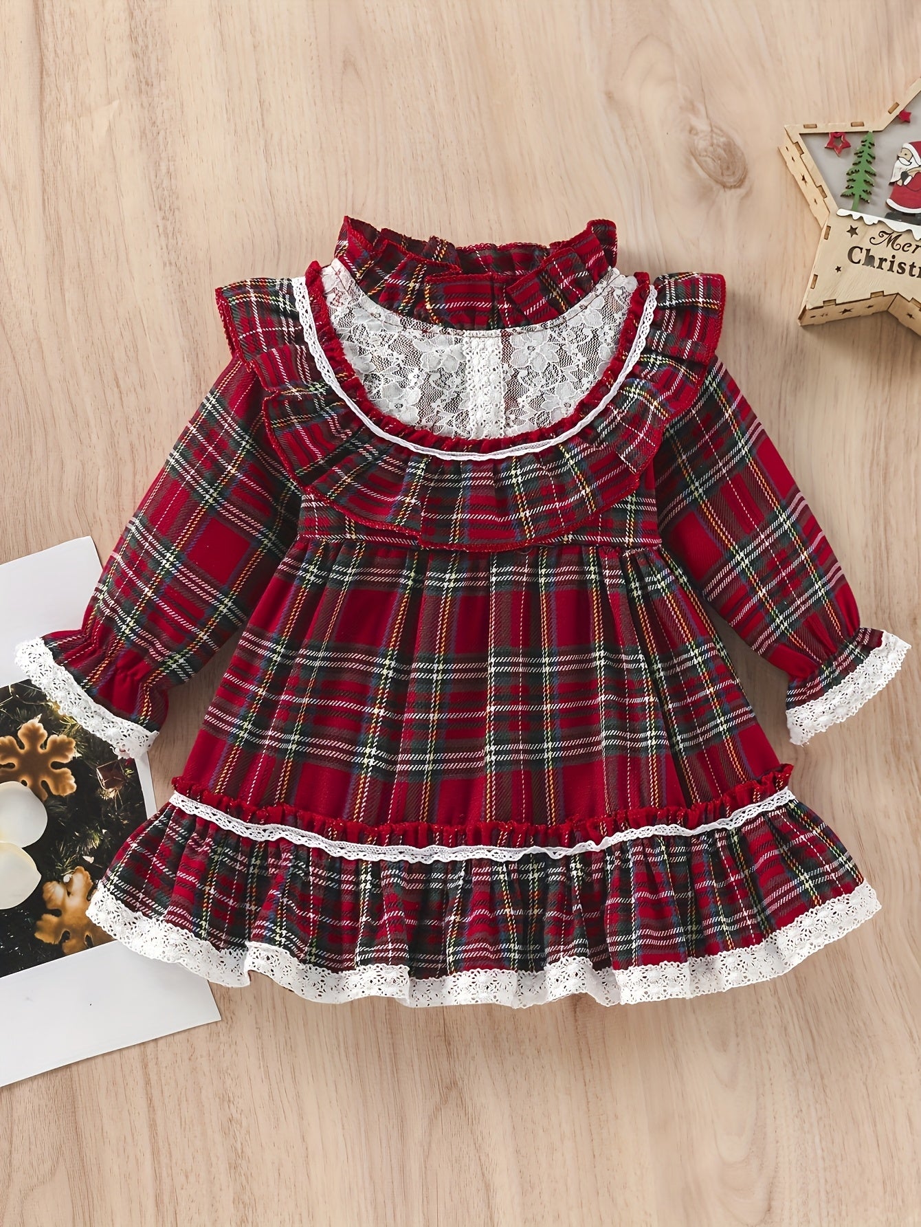 Red Green Plaid Halloween Christmas Girls Dress with High Neck And Lace Trim, Ruffled Cuffs Holiday Party Outfit
