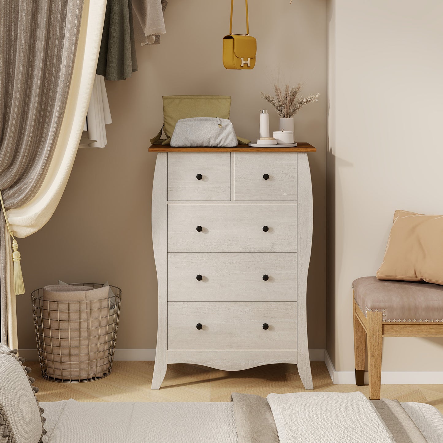 COSTWAY 30" Modern Farmhouse Dresser with 3 Spacious Folding Fabric Drawers - Sturdy Hardwood-like Construction, Anti-Tip Safety System, Freestanding Storage Cabinet with Curved Legs & Knobs, Grey/Brown for Bedroom, Nursery