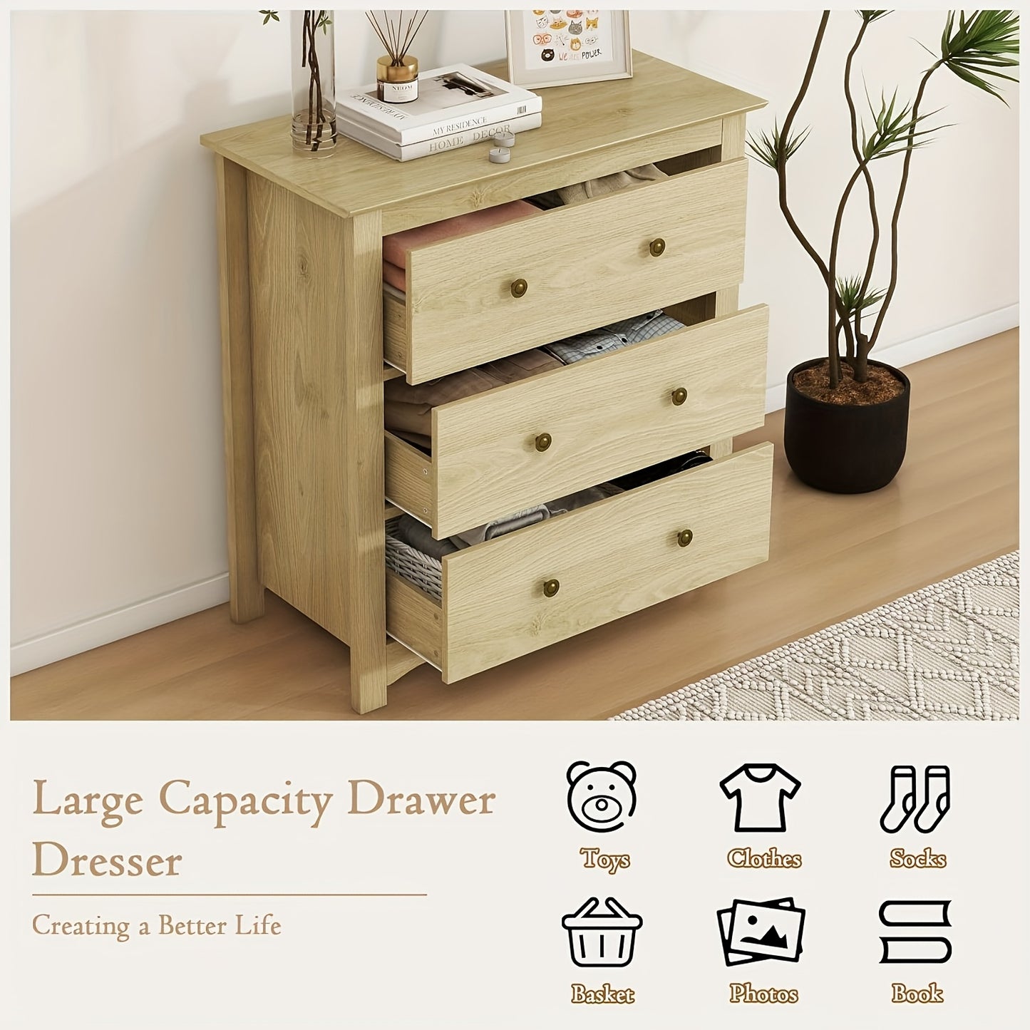 34" Tall Cabinet With 3 Drawers Set Of 2, Mid Century Modern Wooden Dressers Chest Of Drawers With Handles, Waveform Nightstand Dresser, Storage Organizer For Bedroom, Hallway, Living Room, Wood