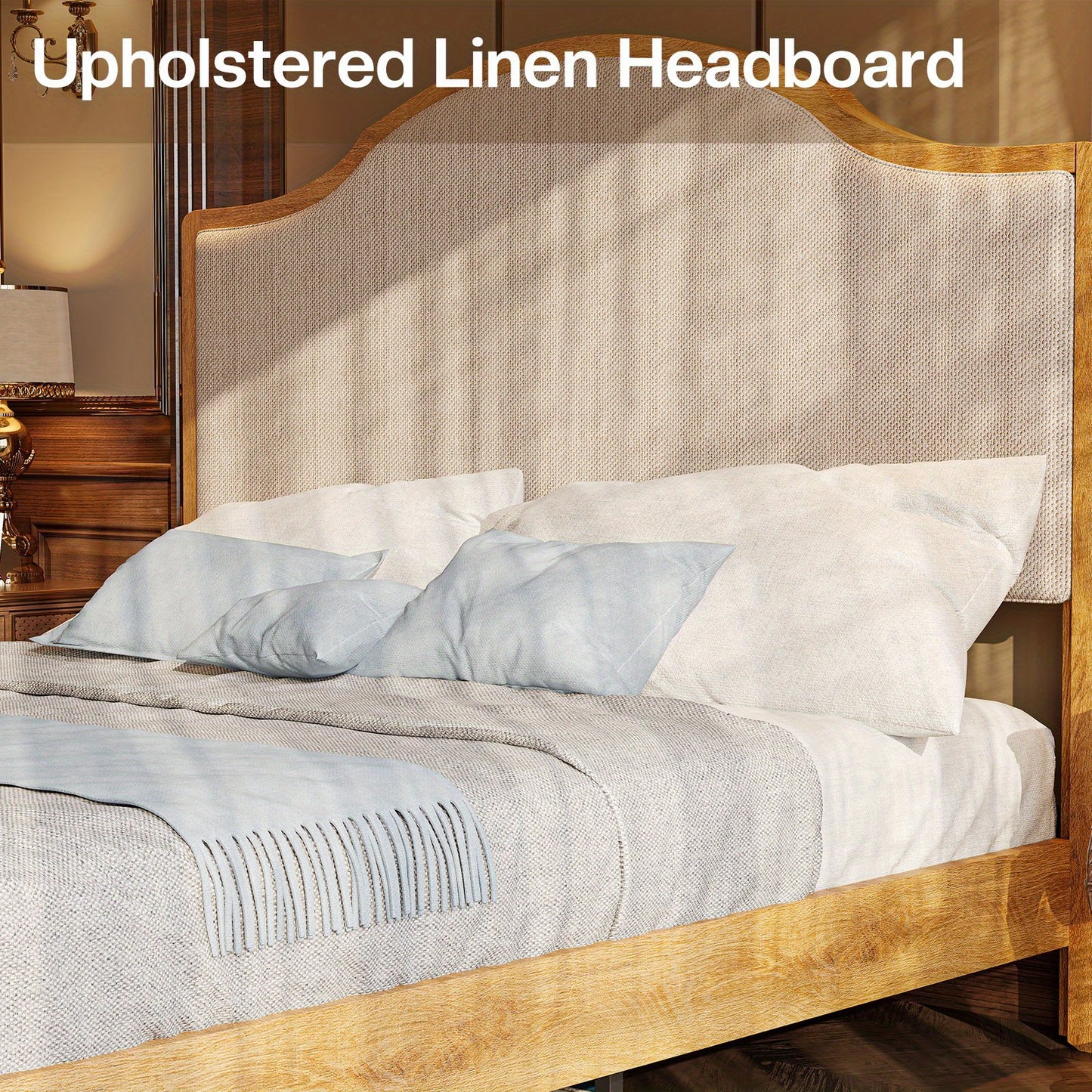 PAPABABE Solid Wood Platform Bed Frame with Upholstered Curved Headboard, Wood Slat Support, No Box Spring Required