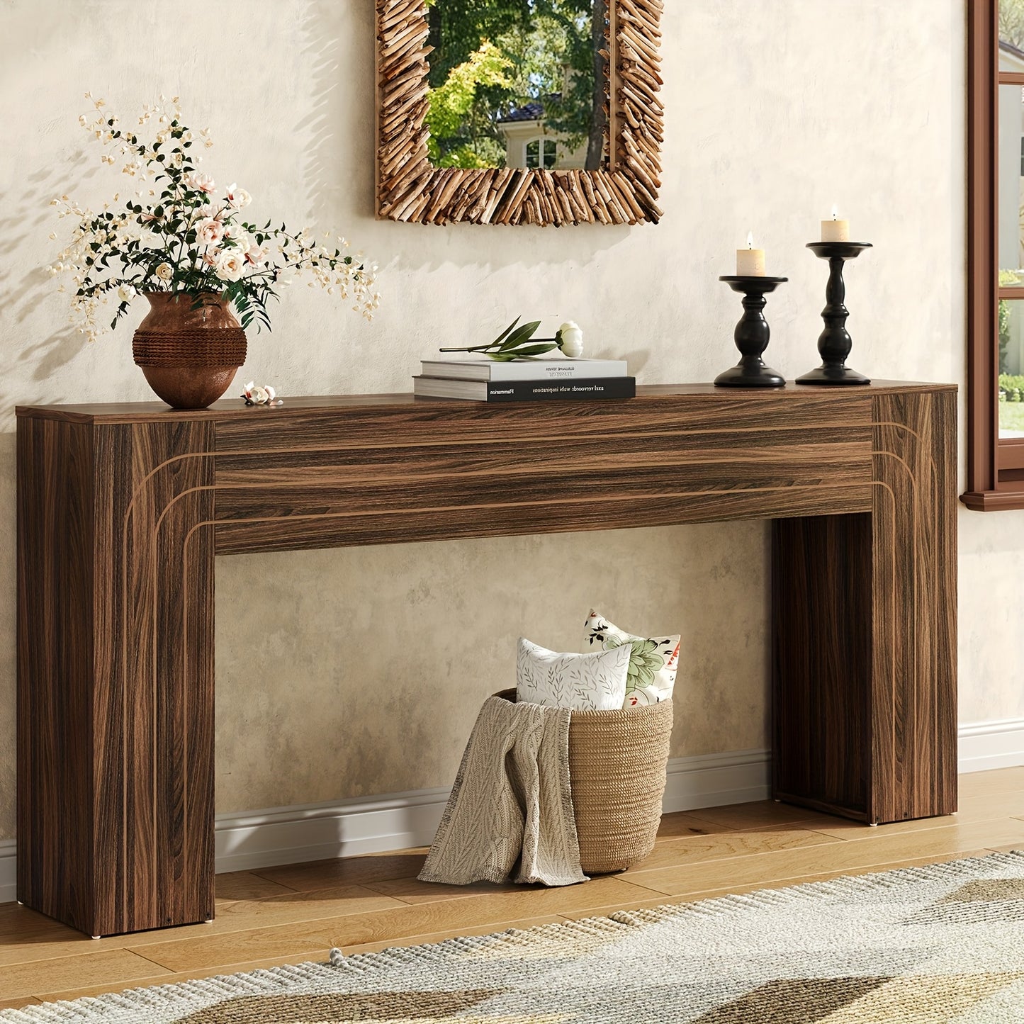 70.9" Modern Farmhouse Console Table Narrow Entryway Table with Handcrafted Line Design - Wood Grain MDF/ Sofa Table Suitable for Hallway, Living Room, Behind Couch - Space-Saving Assembly-Friendly Furniture