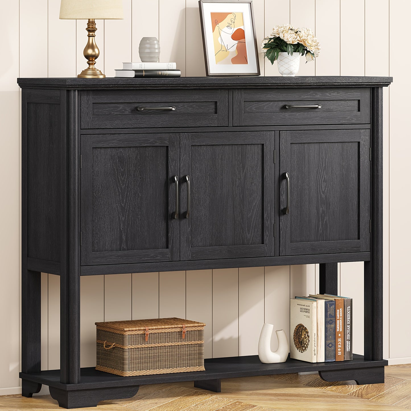 47.2 Inch Buffet Sideboard With Storage, Console Table With 2 Drawers And 3 Doors, Open Storage Shelf, Farmhouse Entryway Table With Adjustable Shelves, Coffee Bar Buffet Cabinet For Kitchen, Living Room, Black