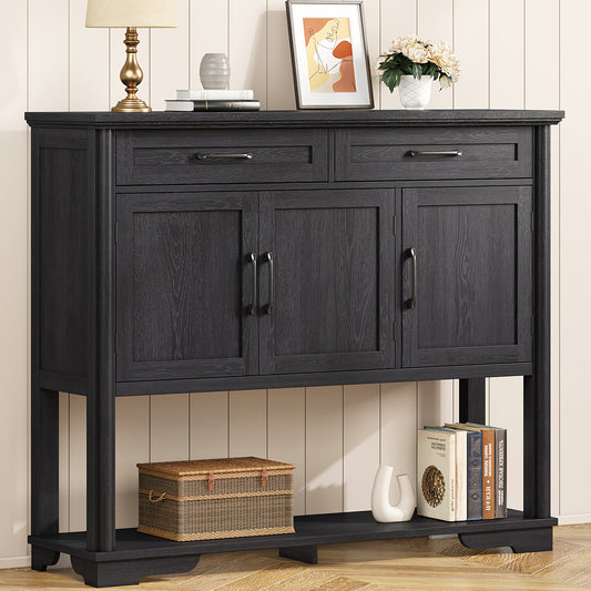 47.2 Inch Buffet Sideboard With Storage, Console Table With 2 Drawers And 3 Doors, Open Storage Shelf, Farmhouse Entryway Table With Adjustable Shelves, Coffee Bar Buffet Cabinet For Kitchen, Living Room, Black
