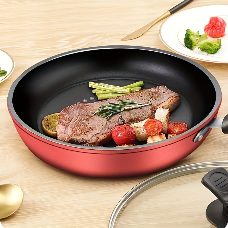 9.45-inch Heavy-Duty Cast Iron Skillet Fry Pan with Lid - Non-Stick Surface, Compatible with All Stovetops (Gas/Electric/Induction), Even Heat Distribution, Red Interior for Steak, Eggs, Pancakes - Scratch-Resistant, Ideal fo