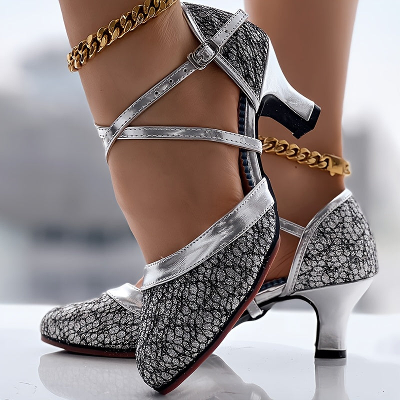 Glitter Crisscross Buckled Latin Dance Pumps- Anklet Not Included