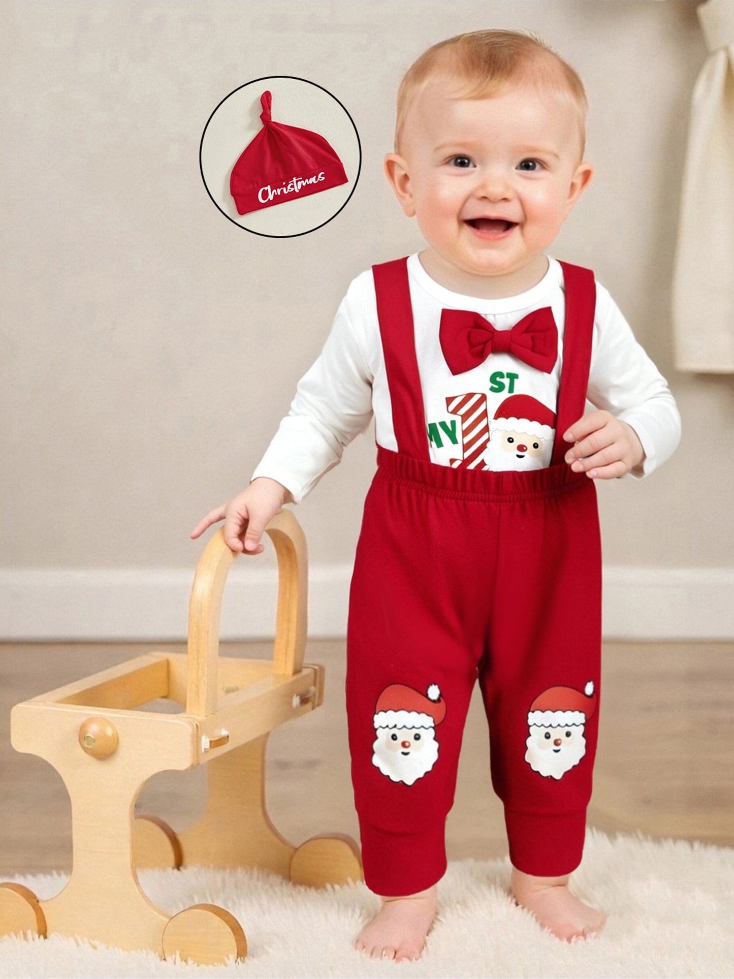 Newborn Baby Boy Fall Winter Christmas Letter Long Sleeve Round Neck Romper Elastic Waist Overall Pants with Hat Outfits, Perfect for Outdoor