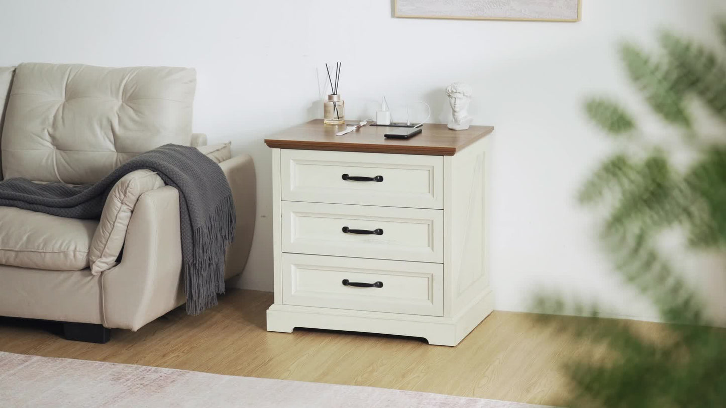Wooden Bedside Table Featuring a Charging Station, Equipped with Three Drawers And Metal Handles, Perfect for Bedroom Storage.