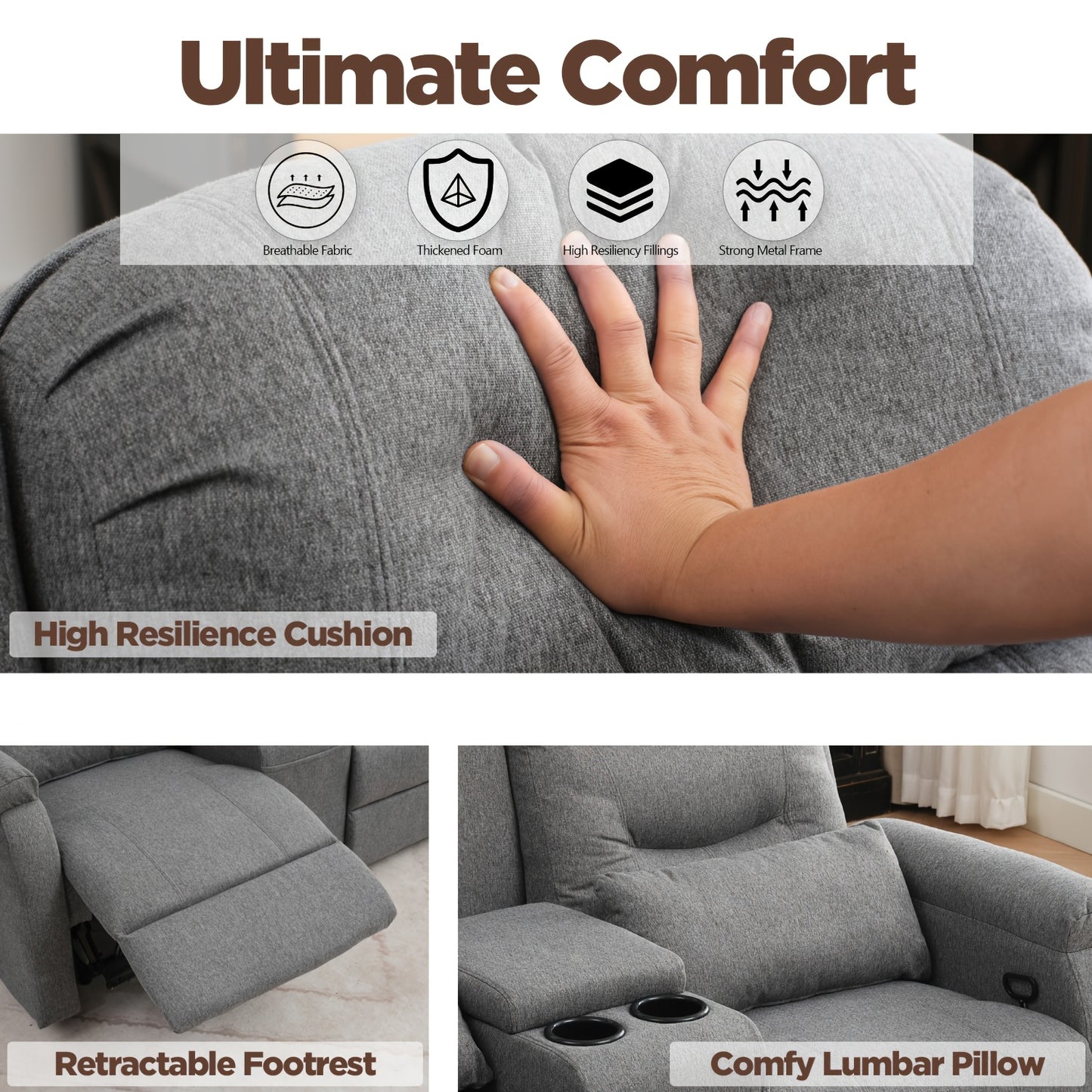 Manual RV Loveseat Recliner | Brown Velvet Cushion-back Sofa with Console, Cup Holders, Pockets for Living Room and Home Theater Seating, Metal Frame, Contemporary Style by VUYUYU