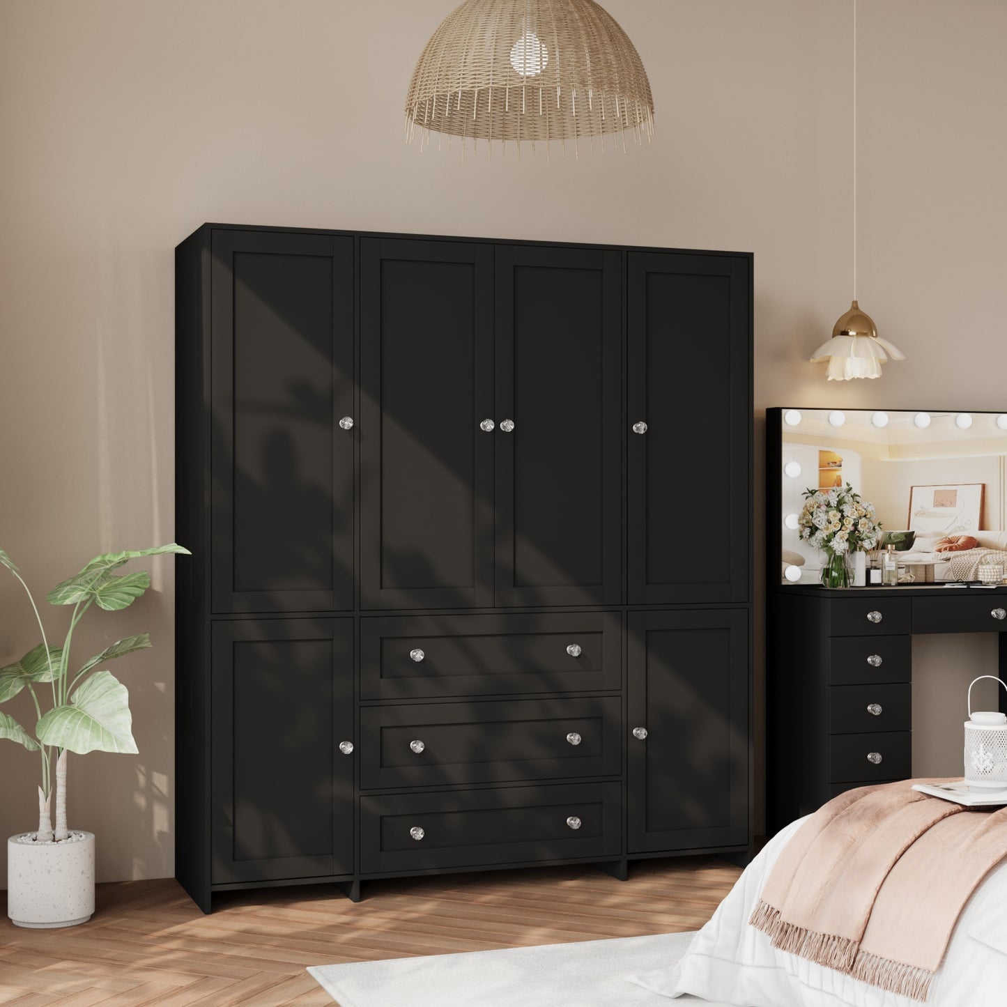 47"/63" Large Modern Armoire Wardrobe Closet with Mirror Door, Hanging Rod, Drawers & Shelves - -Standing Dresser Suitable for Bedroom, Assembly, Wood & MDF