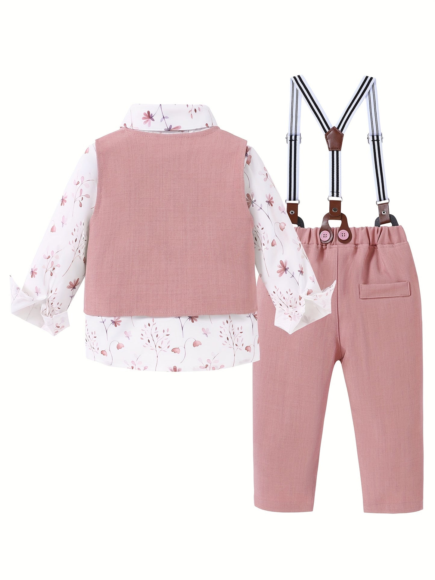 4pcs Boy Clothes Suit Gentleman Wedding Outfits Formal Dress Shirt/Bowtie/Vest/Suspender Pants 1-5T, Special Occasion Outfit, Toddler Wedding Attire, Elegant Toddler Outfit, Classic Baby Suit, Comfortable Toddler Clothes, Dur