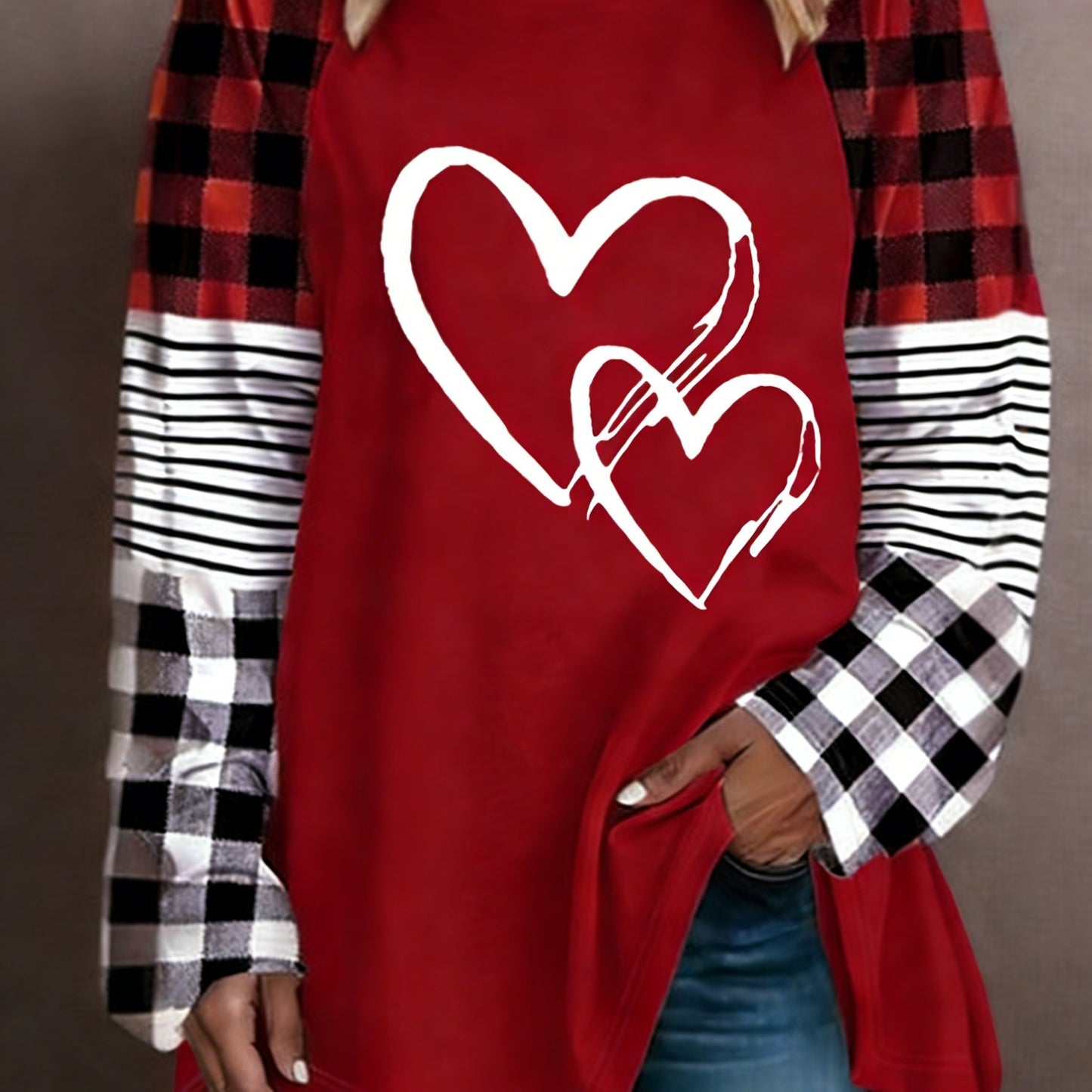Plus Size - Plus Size - A Women'S Casual Long-Sleeve T-Shirt Featuring a Heart-Shaped Design, Made from Fabric, with a Round Neck Style, Part of The Autumn And Winter Collection, Available in Large Loose Sizes from 0XL to 9XL